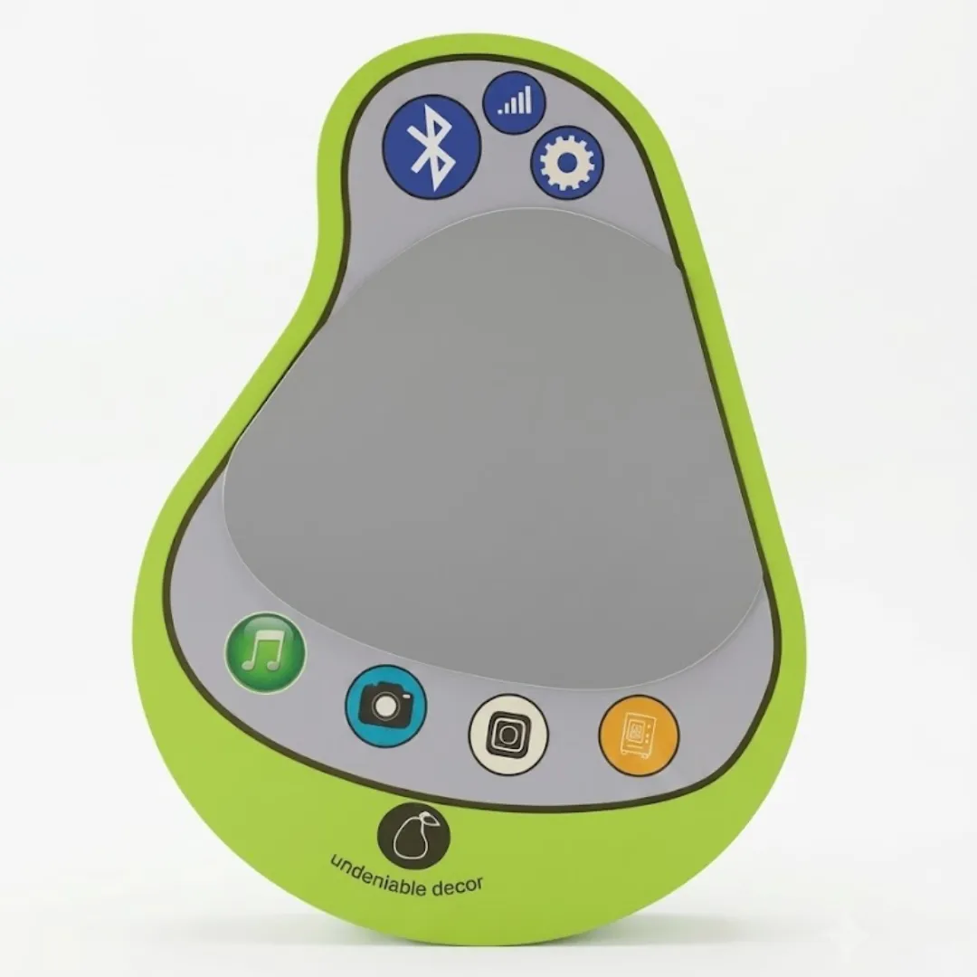 Product studio shot of the Pear Pixel Phone Mirror isolated on a plain white background, featuring a lime green pear-shaped border, retro smartphone app icons, and a glossy glass mirror surface.