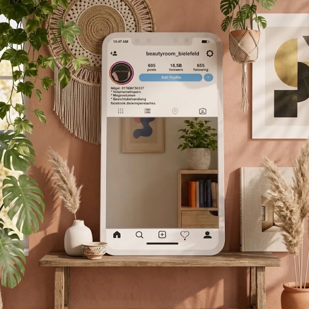 profile frame instagram style mirror lifestyle decor Angled view of the Profile Frame mirror, mimicking an Instagram profile interface, positioned on a wooden shelf against a green wall alongside books and a small vase.