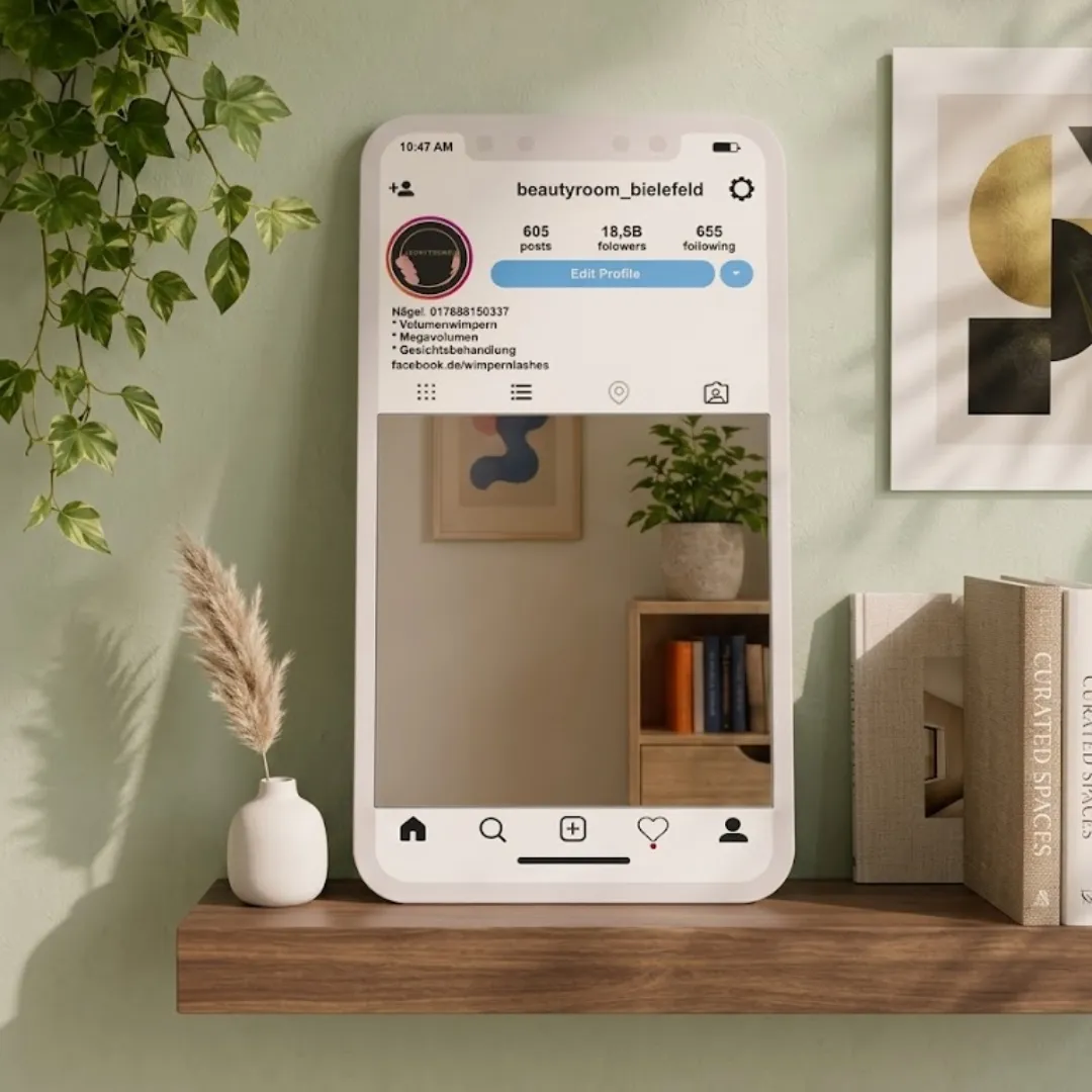 profile frame instagram style mirror shelf styling Lifestyle shot of the Profile Frame mirror placed on a rustic wooden table, surrounded by lush plants, pampas grass, and home decor items against a terracotta-colored wall.