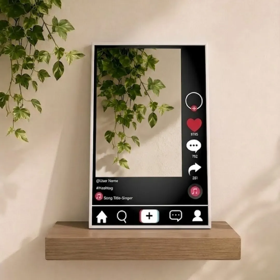 Front-facing studio shot of the Social Frame mirror, designed to look like a social media post interface, displayed on a wooden shelf with a hanging plant, reflecting a neutral wall background.