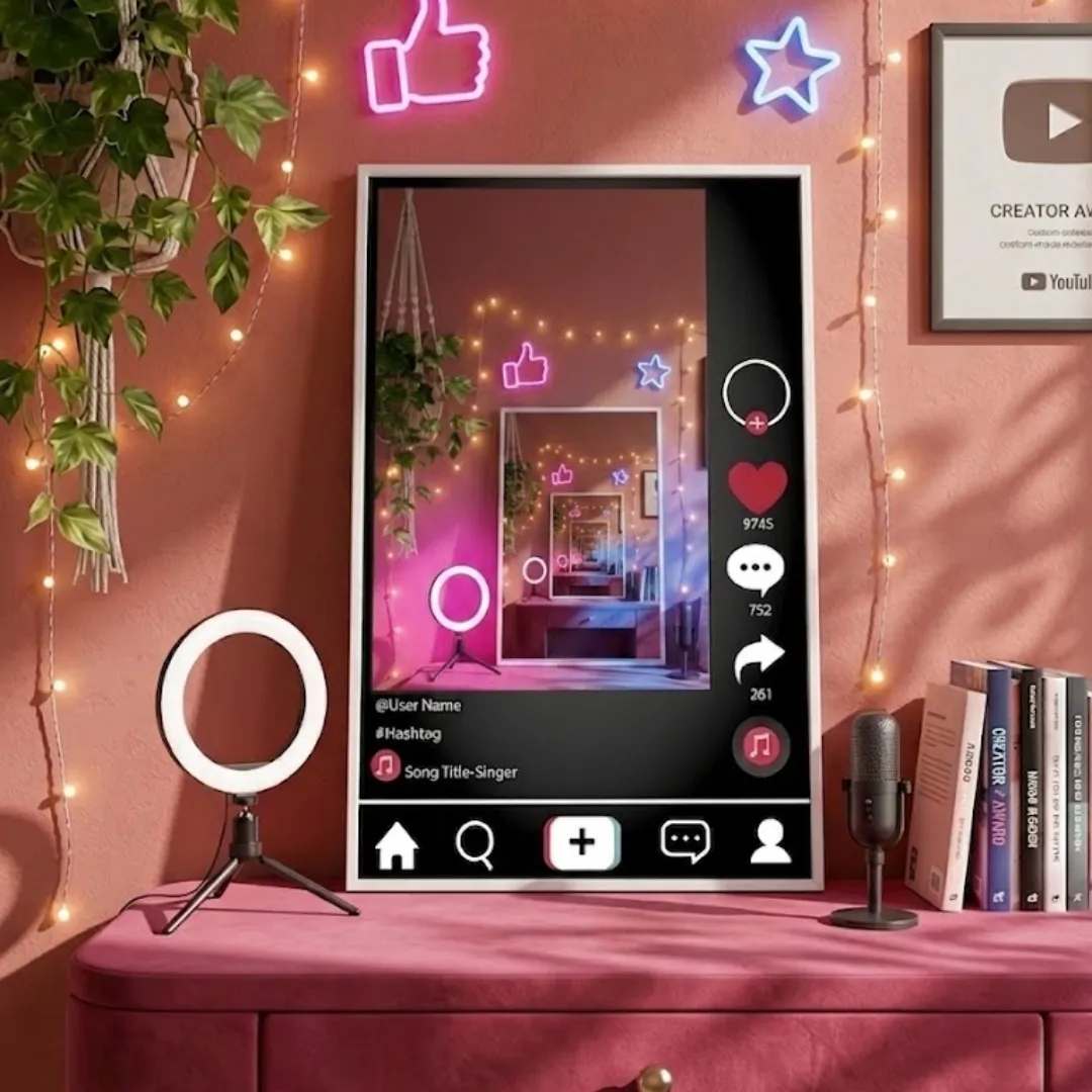 Lifestyle shot of the Social Frame mirror on a pink vanity, surrounded by a ring light, microphone, and books, reflecting a room illuminated by neon pink and blue fairy lights.