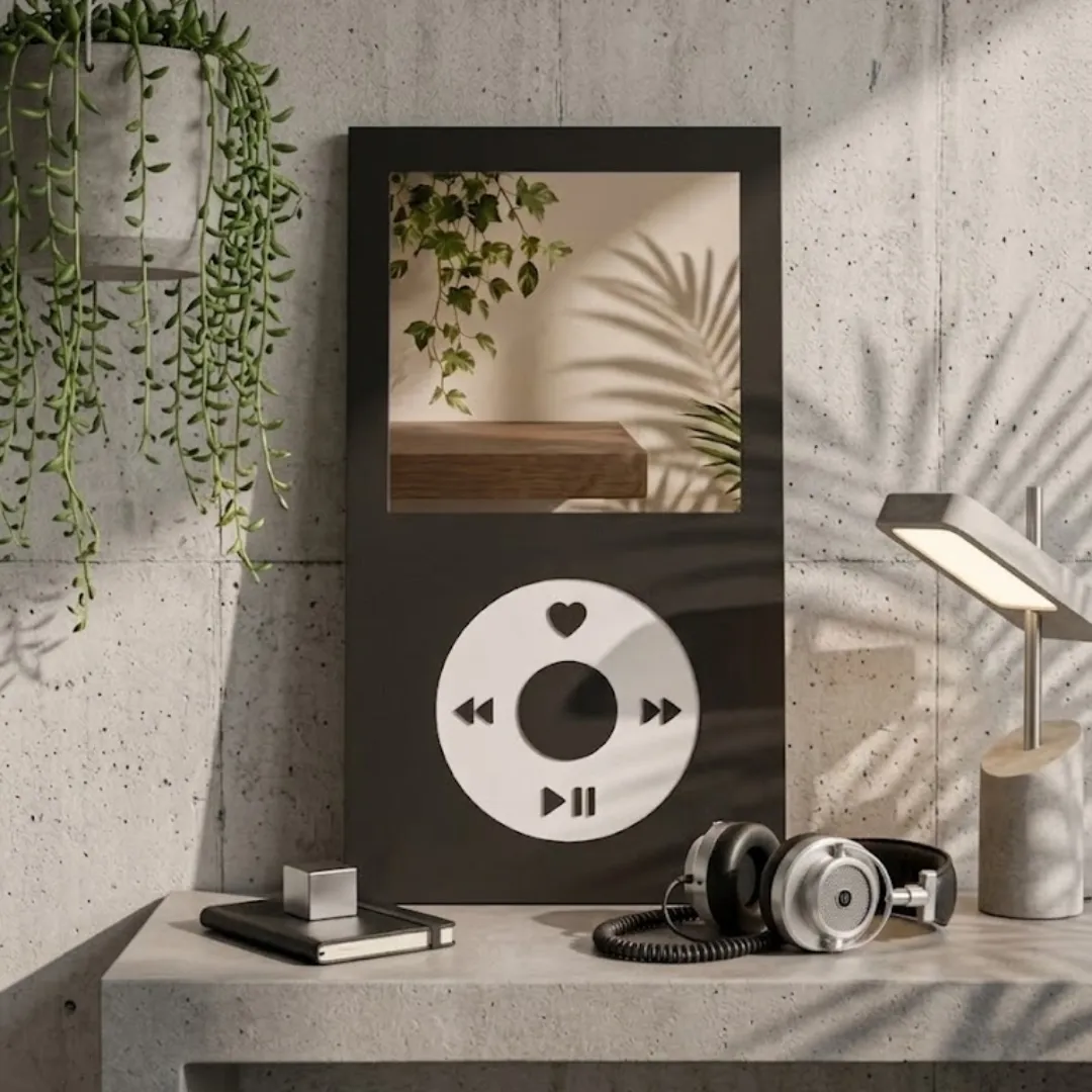 Front-facing shot of the Tune Frame mirror, designed to look like a retro music player, displayed on a concrete desk with headphones, books, and a desk lamp.