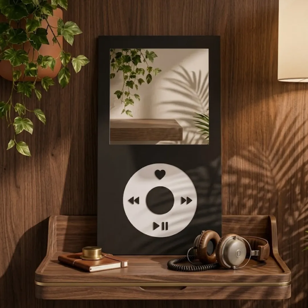 Lifestyle shot of the Tune Frame mirror placed on a simple floating wooden shelf, featuring a retro music player interface, against a neutral wall with hanging greenery.