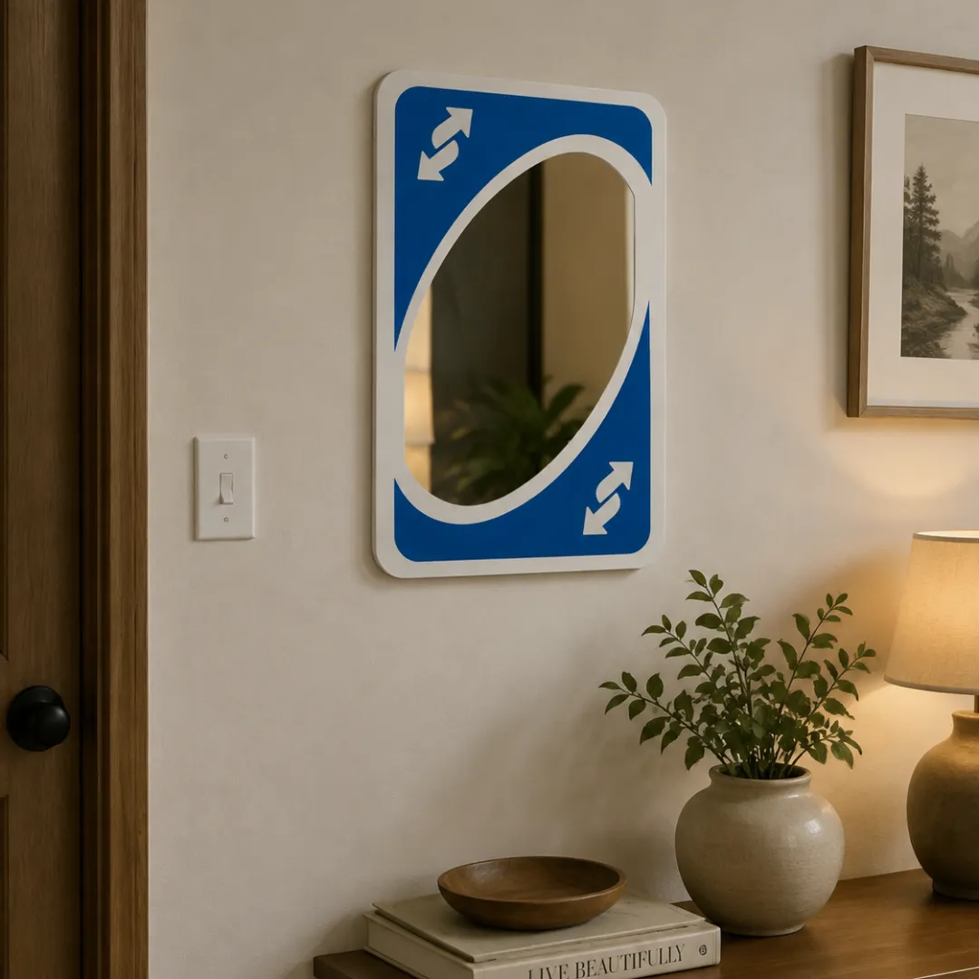 Blue Card Shift decorative wall mirror designed like a classic blue Uno reverse card, mounted on a textured grey wall.