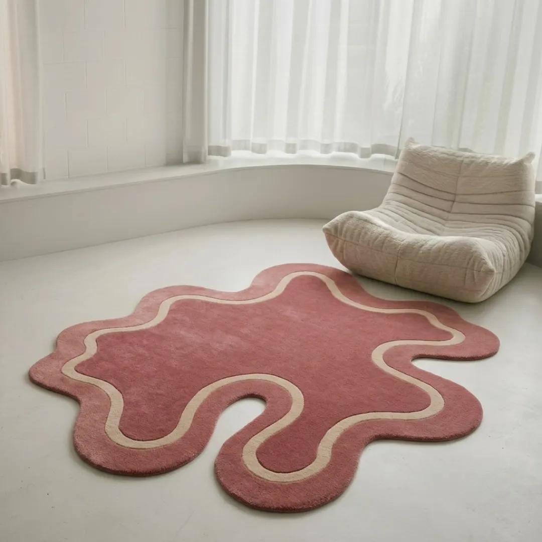 blush amoeba rug room mockup Blush Amoeba pink organic abstract area rug styled in a contemporary minimalist interior space with a neutral armchair and sheer curtains.