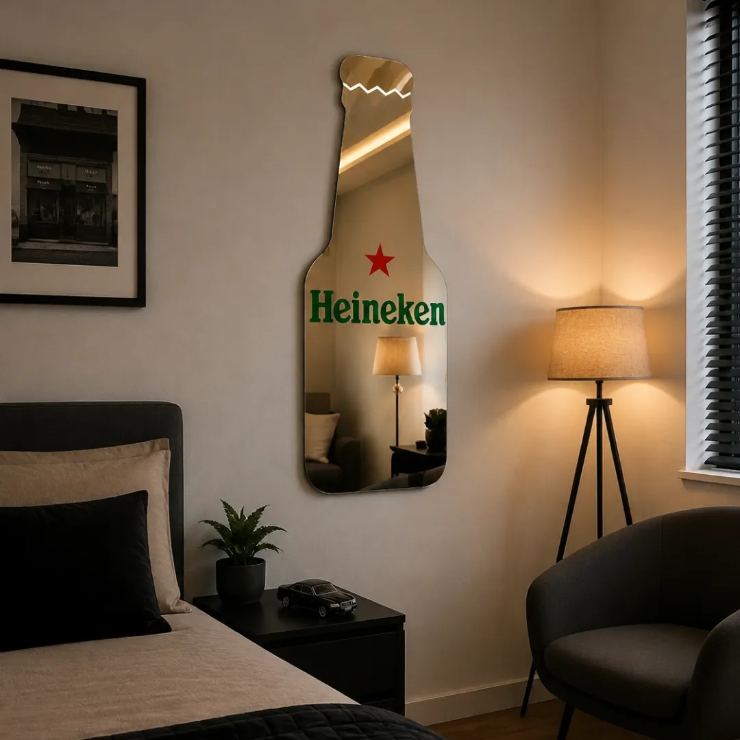 Bottle Shape designer beverage bottle mirror mounted on a neutral bedroom wall in a contemporary living space with an armchair and tripod floor lamp.