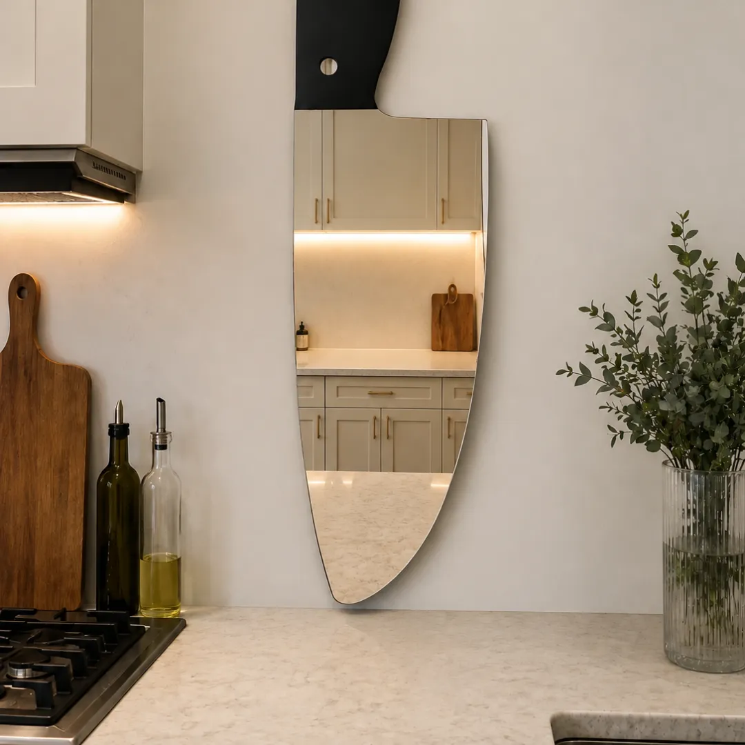 chef knife mirror close up kitchen view Close-up view of the Chef Knife designer wall mirror reflecting a modern kitchen interior with wooden cabinets and a stovetop.