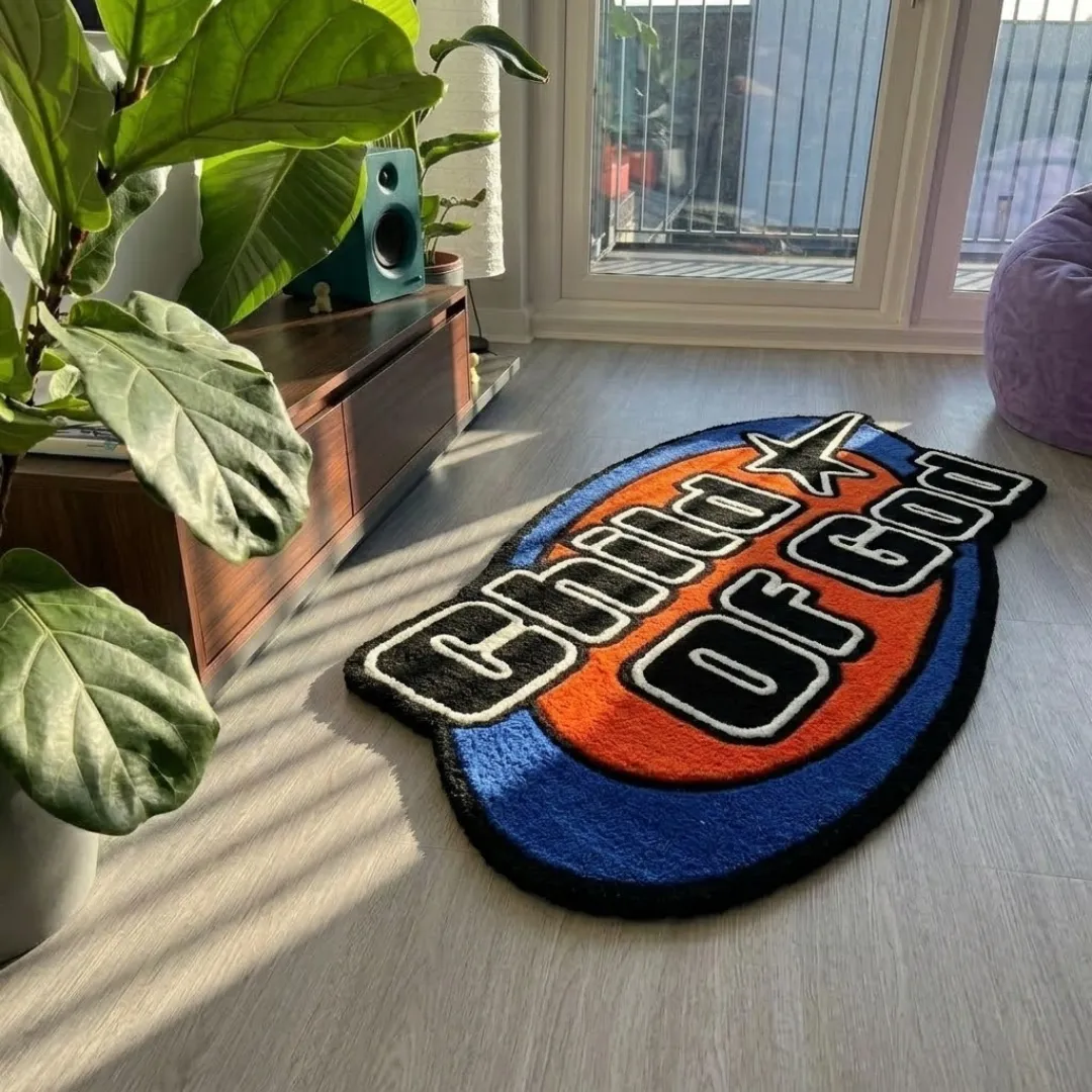 child of good rug living room mockup Child Of Good designer novelty rug styled in a modern living space next to a media console and houseplants.