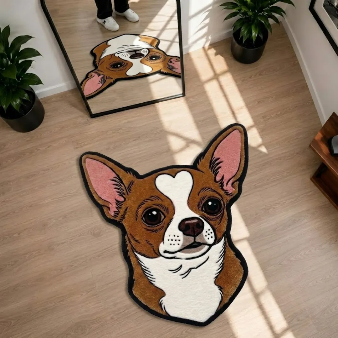 Coco Scout designer novelty puppy rug laid out horizontally on a light wood floor showcasing its custom character silhouette and detailed expression.