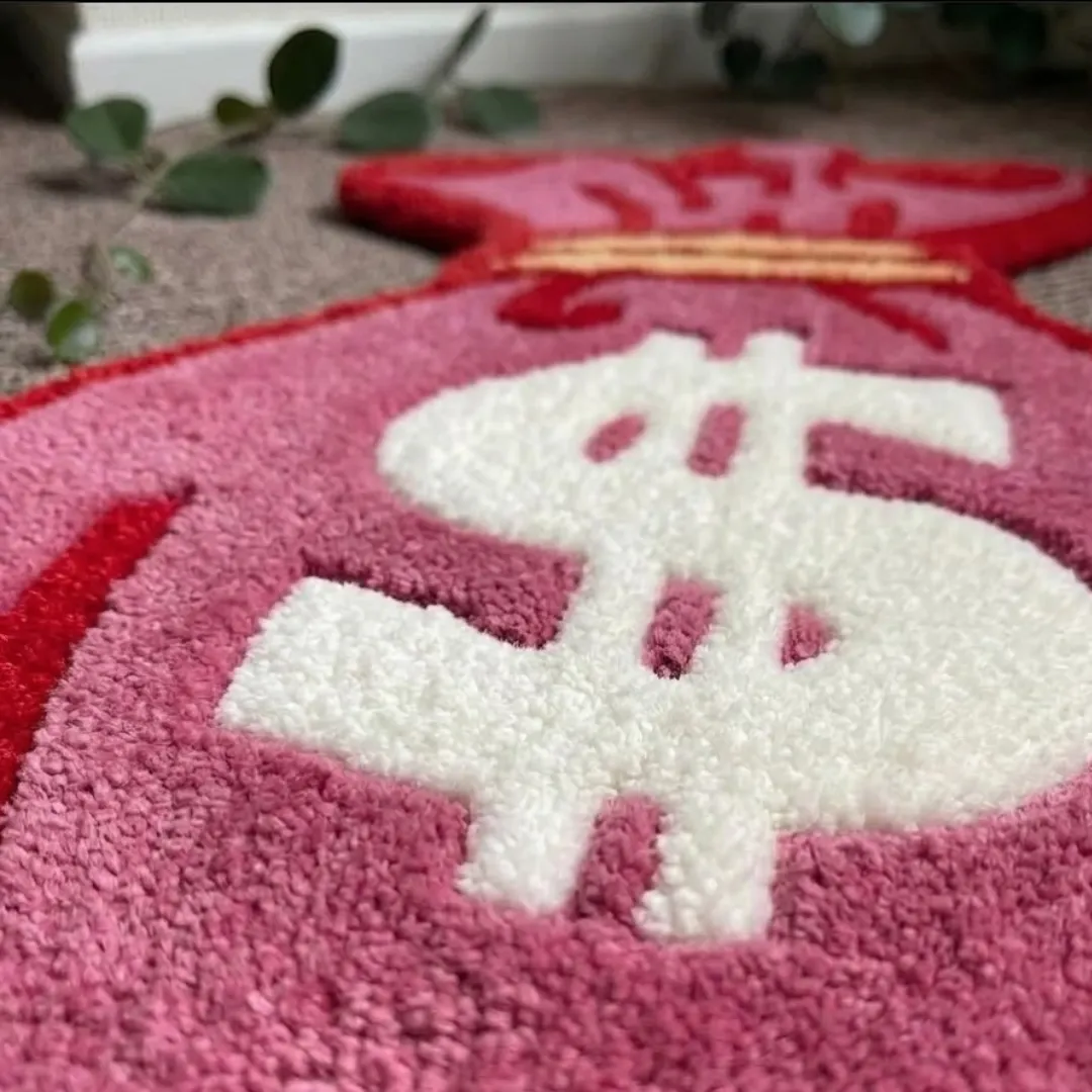 dollar bag rug close up texture Close-up of the plush tufted pile texture and clean white dollar sign symbol on the Dollar Bag designer rug.