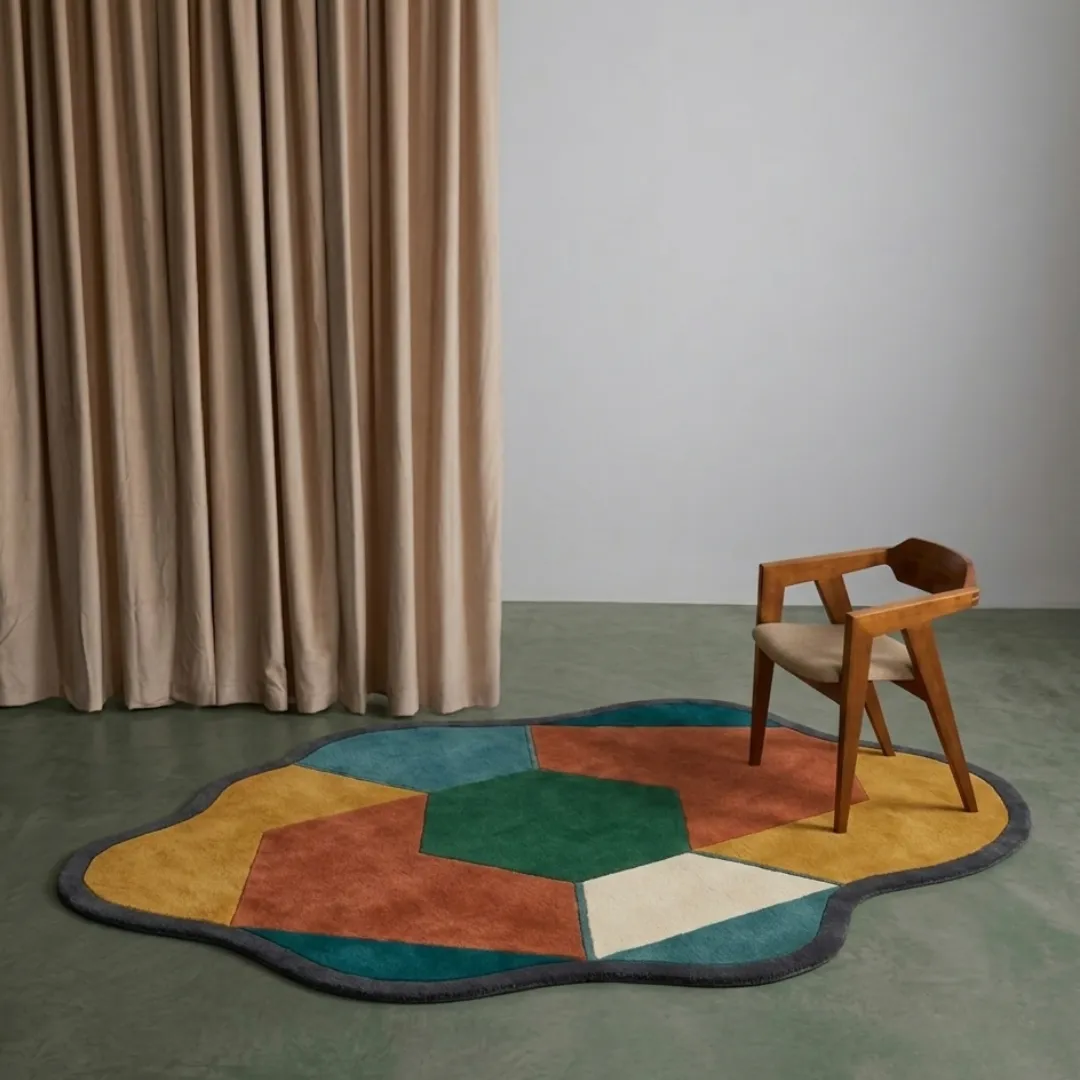 geo harmony rug room mockup Geo Harmony modern geometric abstract area rug styled in a contemporary interior room with a wooden chair and beige curtains.