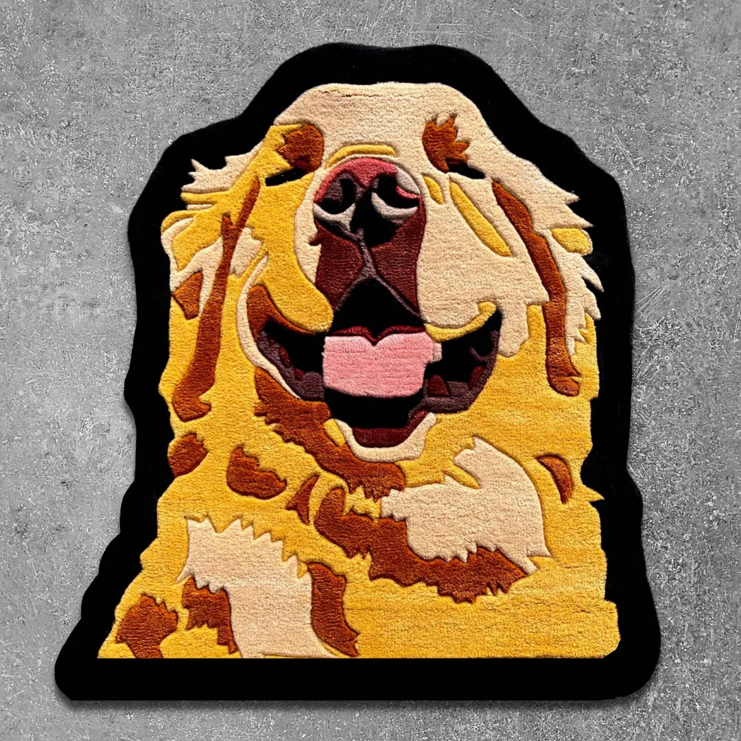 golden lion rug top view Golden Lion handmade tufted area rug featuring a joyful golden retriever portrait with vibrant yellow, brown, and cream tones, displayed flat.