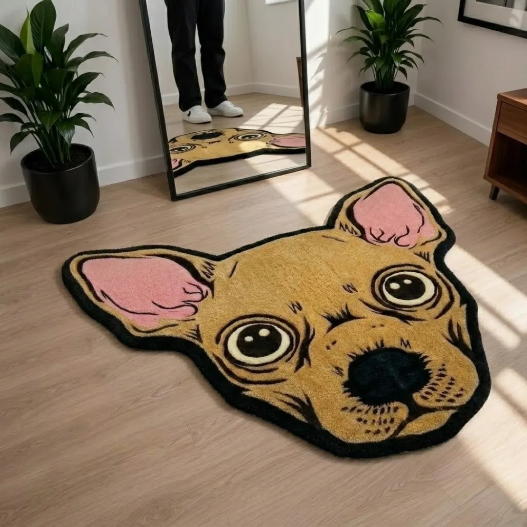 goldie pup rug living room view Overhead view of the Goldie Pup novelty tufted rug laid out in a bright room with potted plants and minimalist furniture.