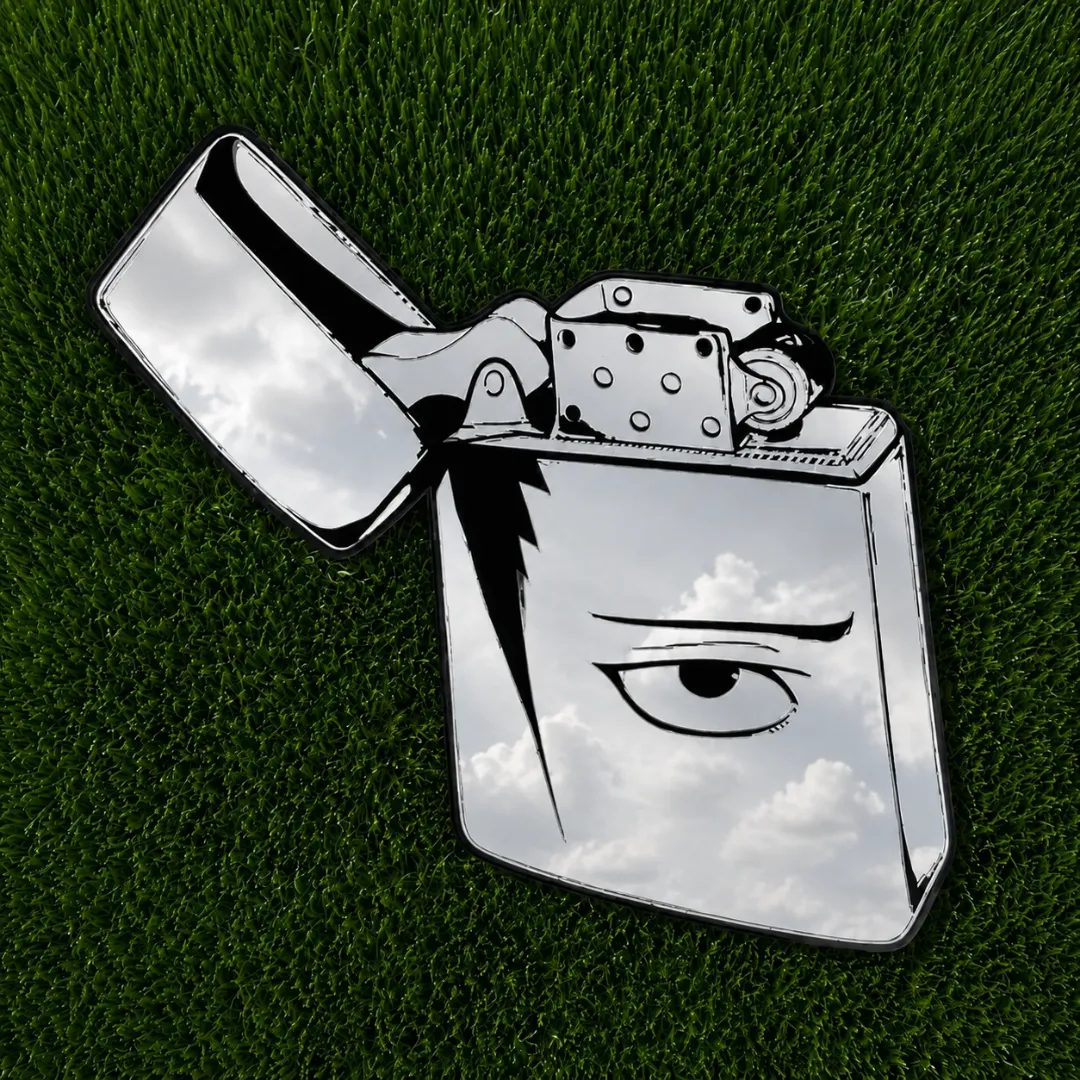 ignis edge mirror grass view Ignis Edge decorative wall mirror designed like an anime lighter with an open lid, placed outdoors on green grass.