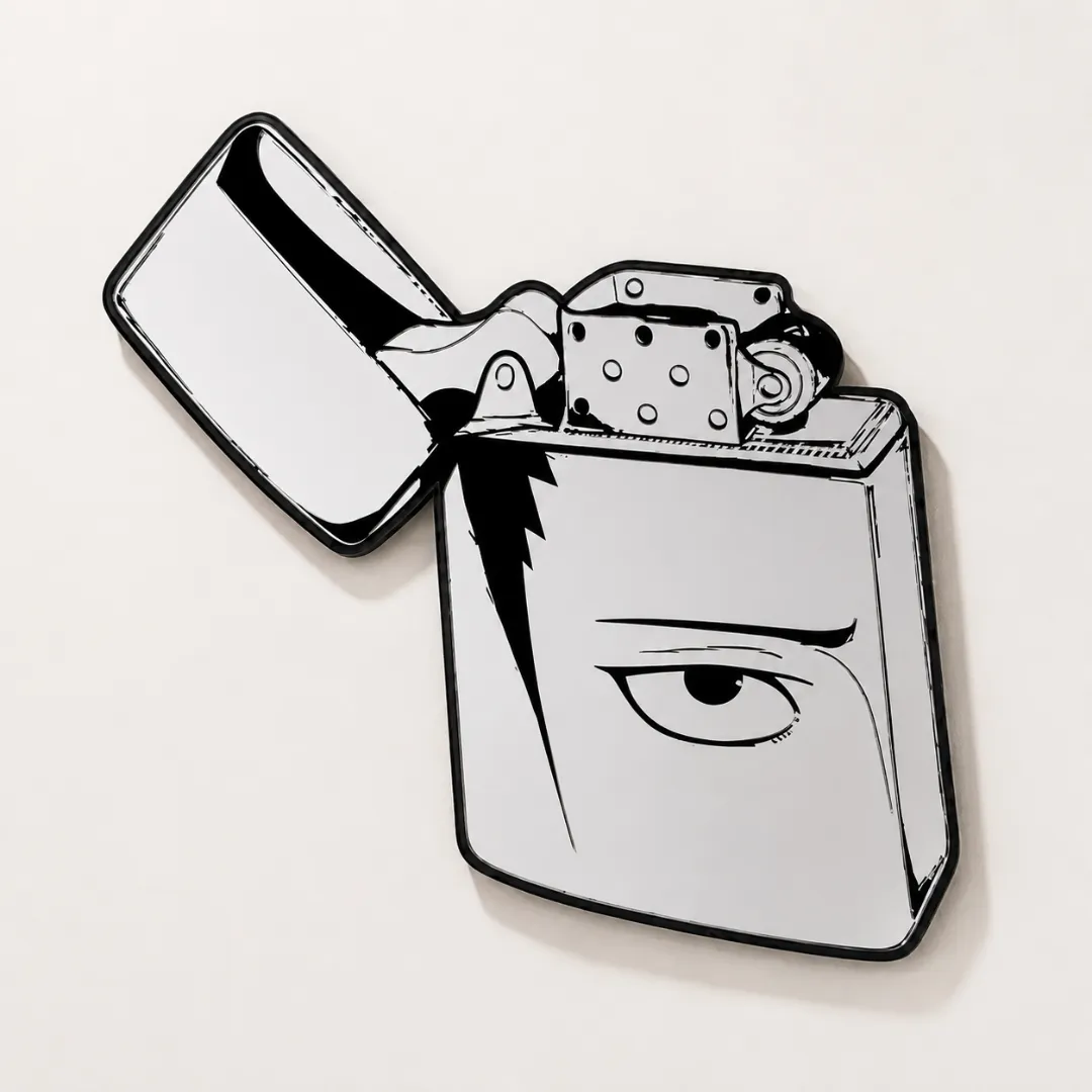 ignis edge mirror wall selfie view Ignis Edge novelty lighter-shaped wall mirror featuring anime eye graphics, reflecting a person taking a mirror selfie on a white wall.