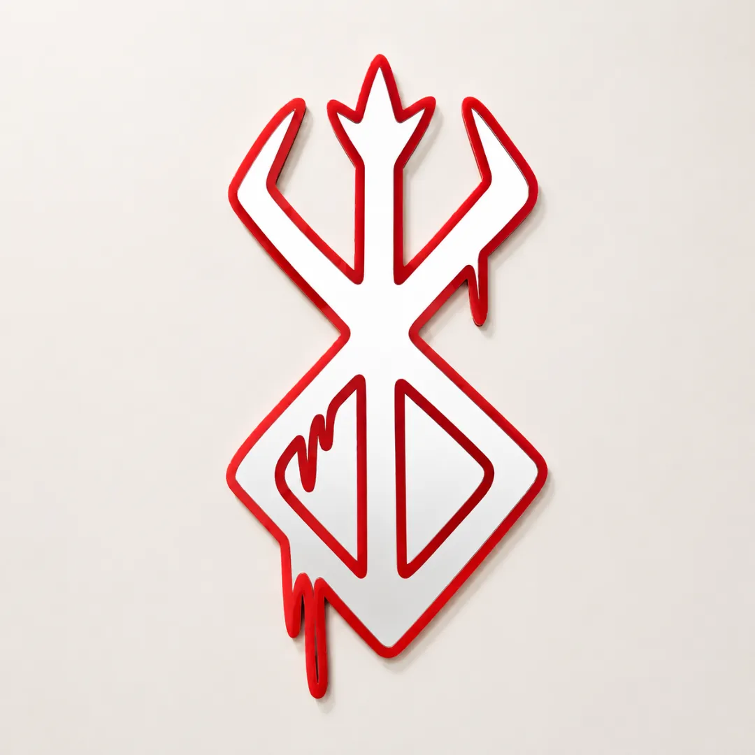 Kairo Edge decorative wall mirror featuring the iconic anime Brand of Sacrifice symbol in red and white, mounted on a plain white wall.