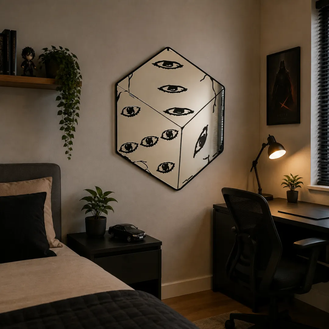Kairo decorative wall mirror featuring a surreal cube design with multiple illustrated eye graphics, mounted on a plain neutral wall.