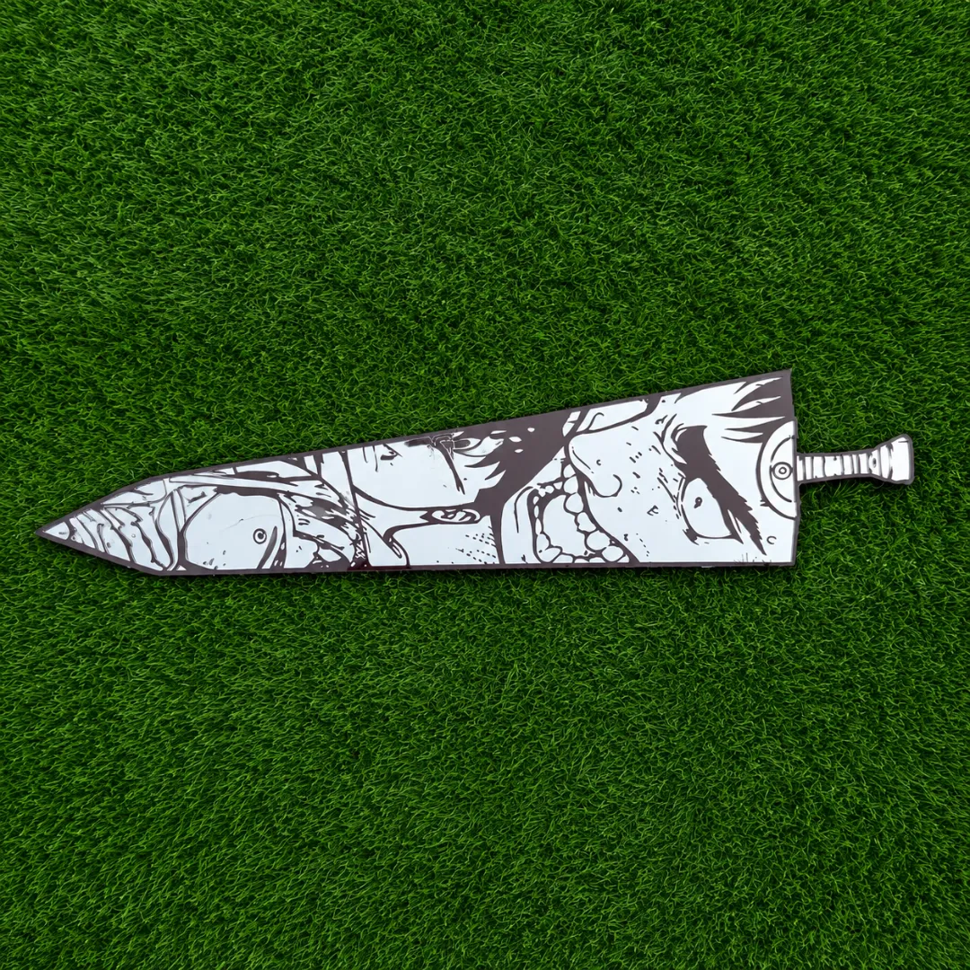 Kurogane Blade decorative wall mirror featuring a custom anime sword design with detailed character manga graphics, placed outdoors on green grass.