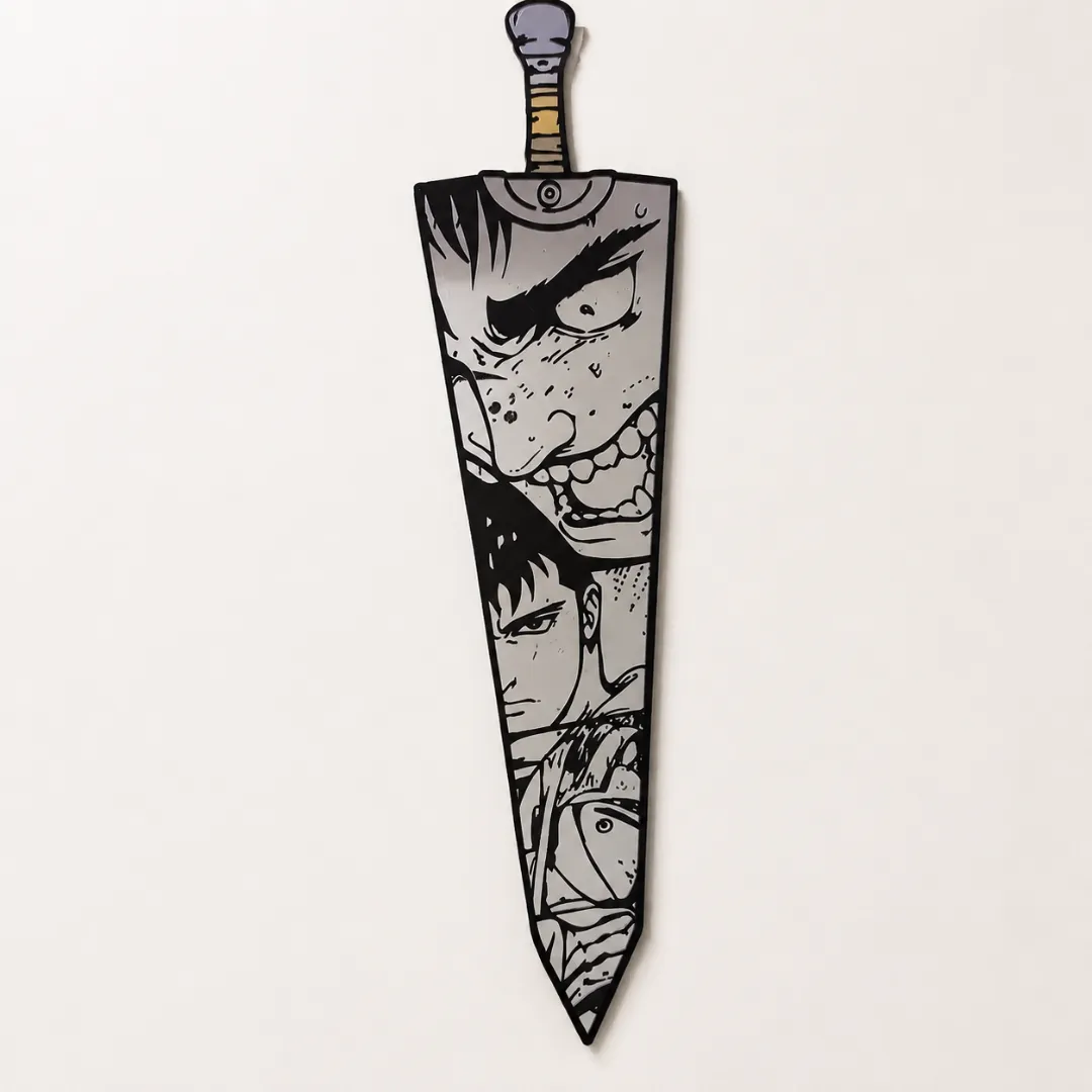 Kurogane Blade novelty anime sword wall mirror with black and white character artwork, mounted vertically on a plain white wall.