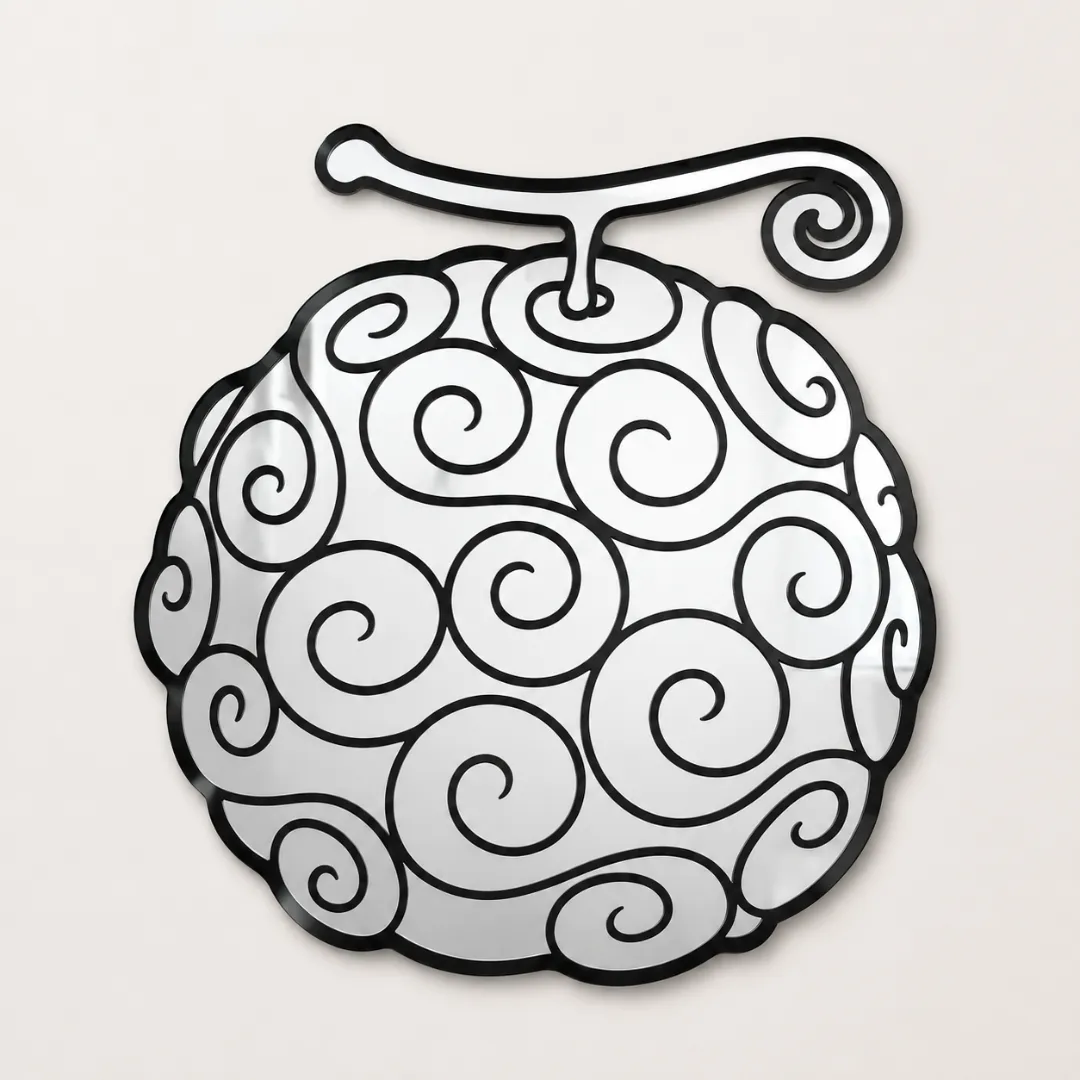 Nuvira Cloud decorative wall mirror featuring a stylized spiral pattern and stem design inspired by anime devil fruit, placed outdoors on a green grass background.