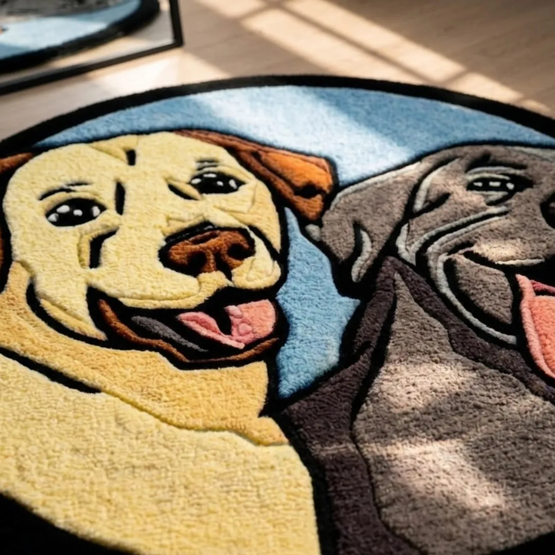 paw buddies rug close up texture view Close-up macro texture shot of the high-density tufted wool pile, carved contours, and detailed expressions on the Paw Buddies designer rug.