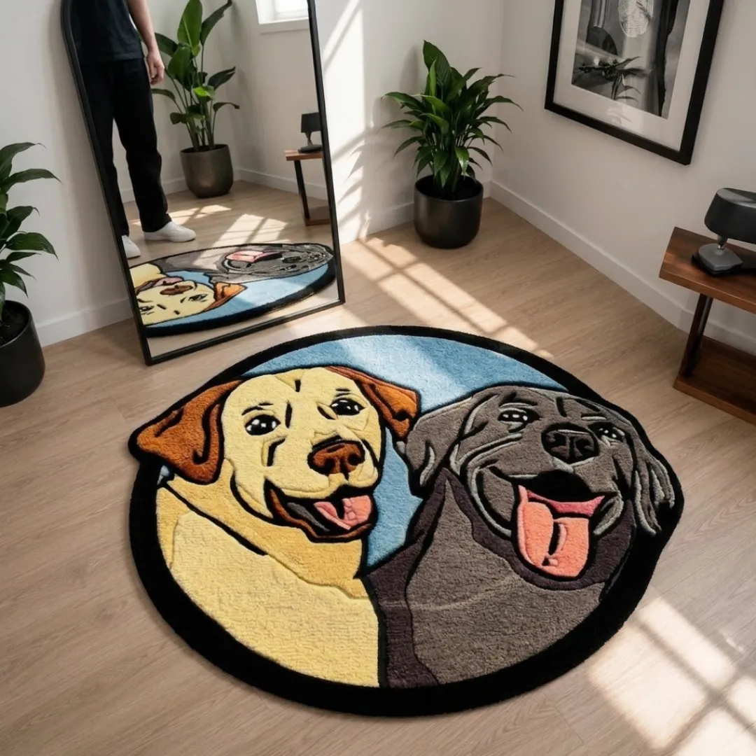 paw buddies rug interior mockup Paw Buddies designer circular novelty rug laid out in a modern living space with minimalist furniture and potted plants.