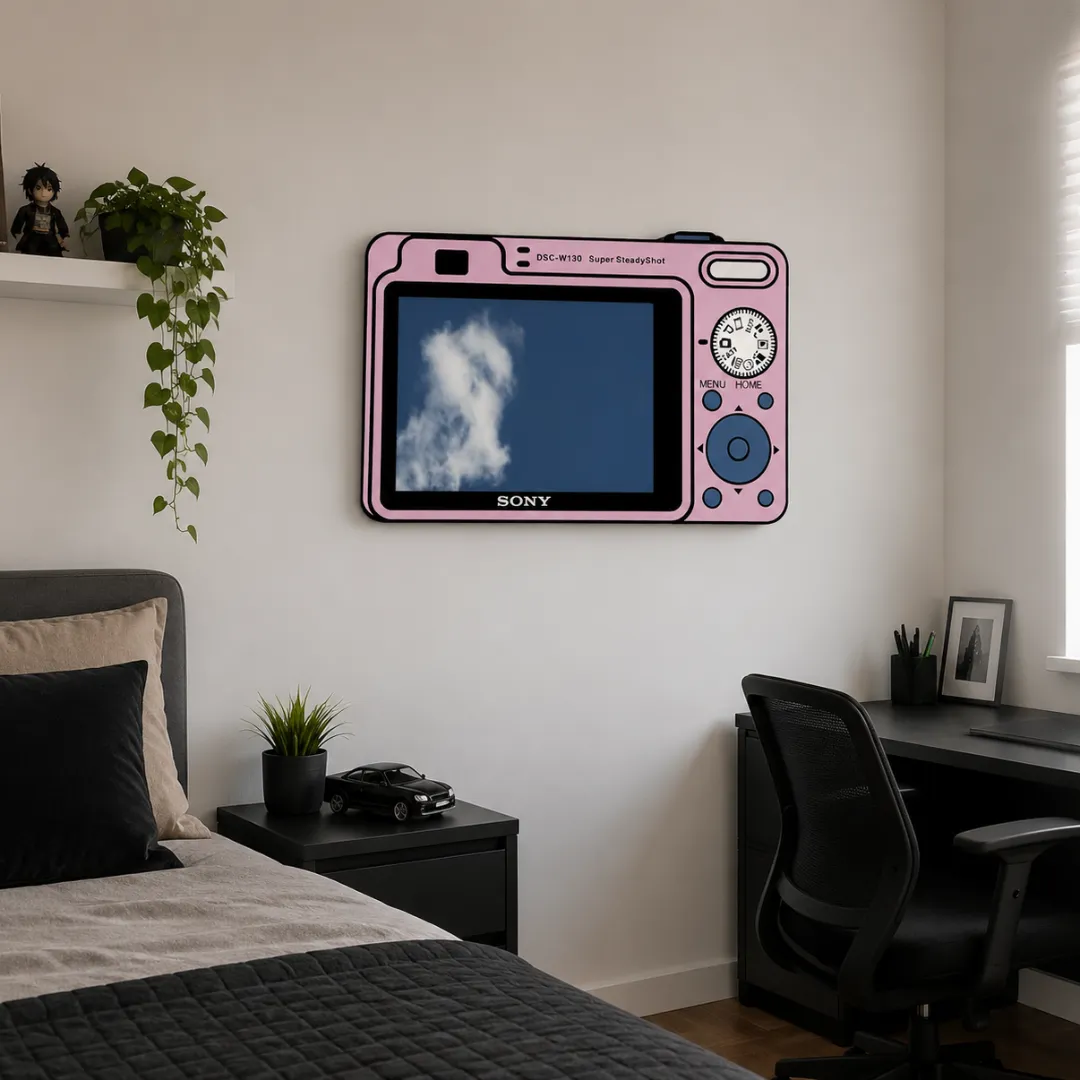 Pixelle Camera designer digital camera mirror mounted on a bright modern bedroom wall above a bed and nightstand.