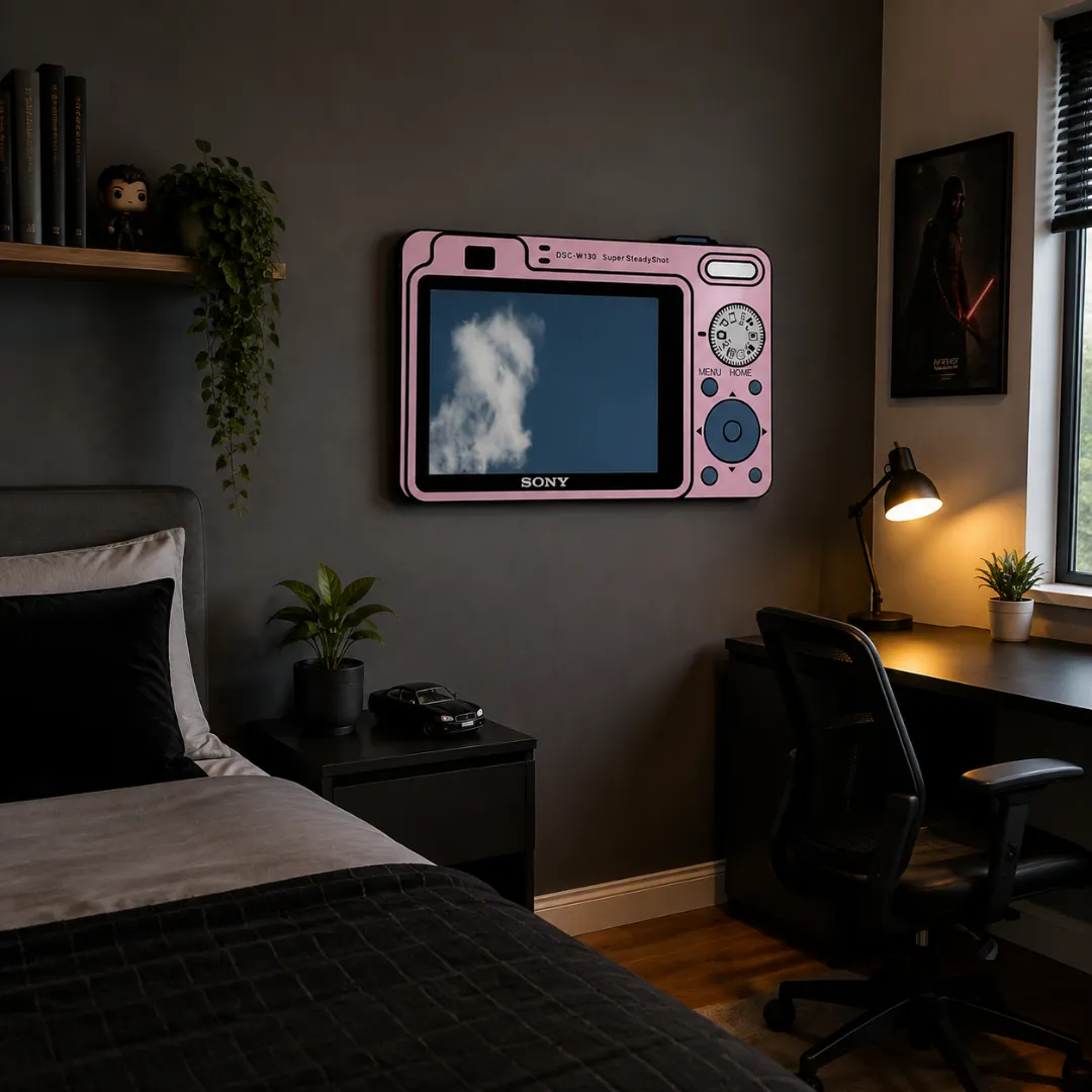 Pixelle Camera novelty digital camera wall mirror styled in a modern dark aesthetic bedroom above a nightstand next to a desk.
