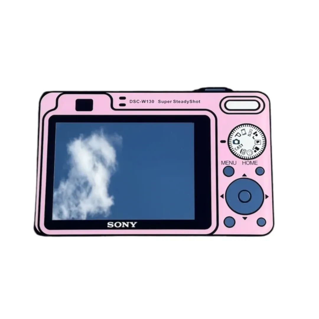 Pixelle Camera decorative wall mirror shaped like a retro pink digital camera, showcasing a screen reflecting a cloudy blue sky.