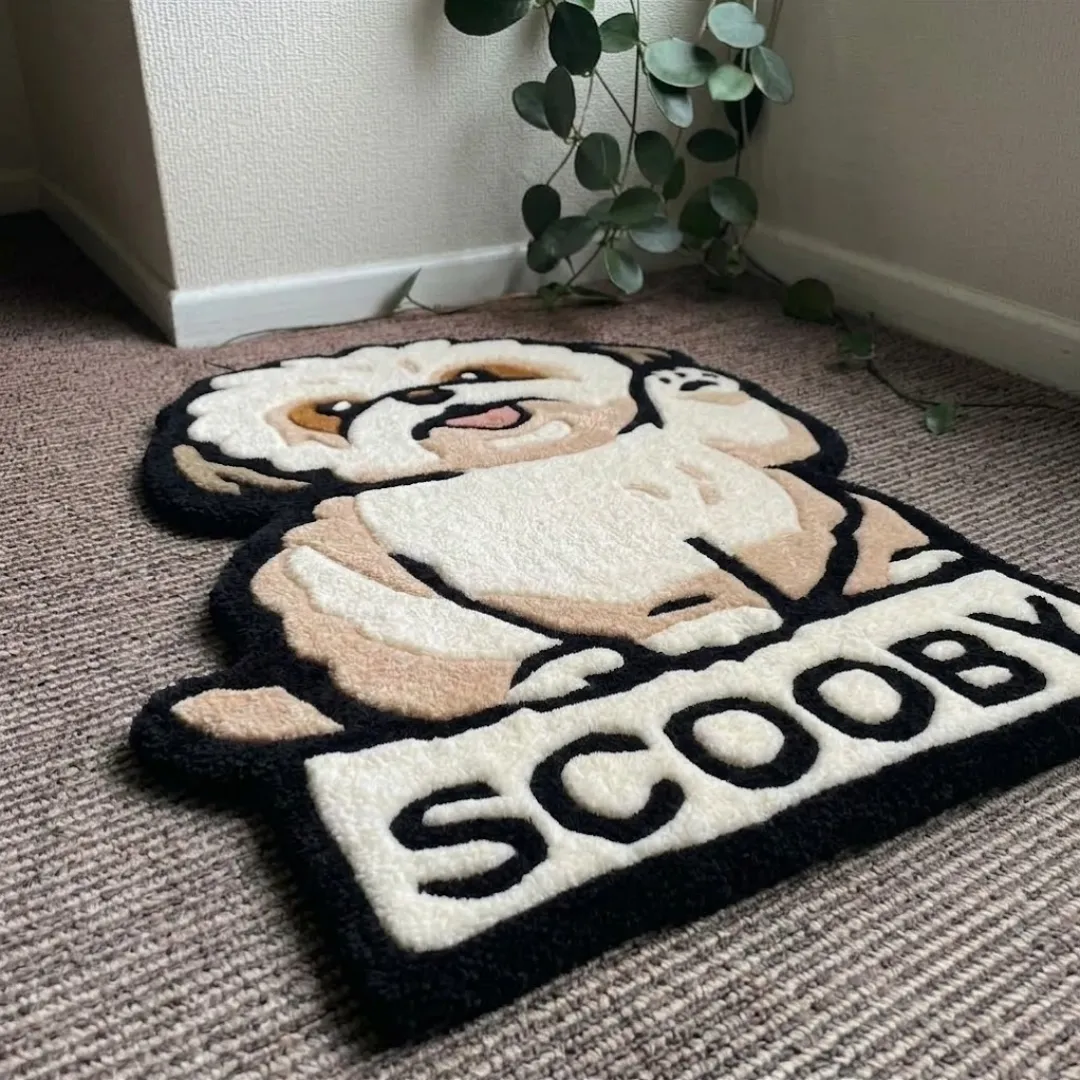 Angle view of the Scooby Vibe tufted rug showcasing its plush texture, carved details, and custom character silhouette.