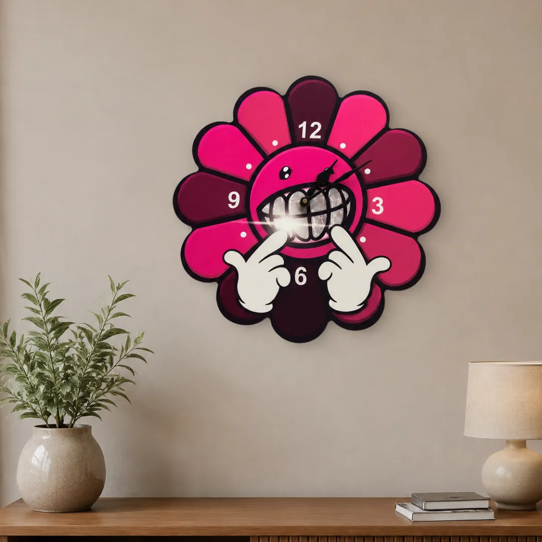 smiley bloom clock room mockup Smiley Bloom novelty flower-shaped wall clock with a grinning face design styled in a modern interior setting above a wooden console table.