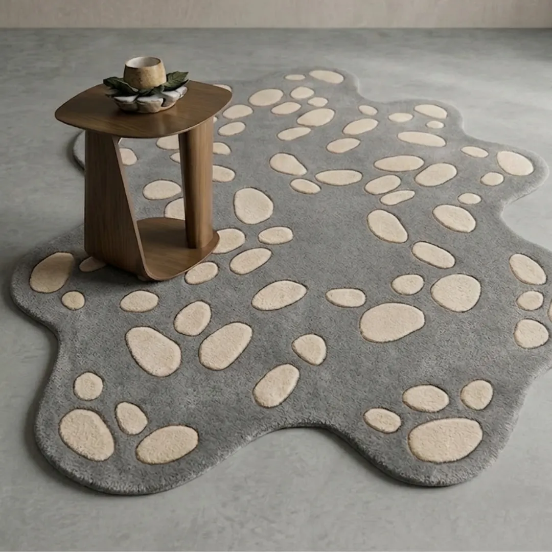 stone mosaic rug room mockup Stone Mosaic pebble-patterned area rug styled in a modern minimalist room with a wooden accent table on a grey floor.