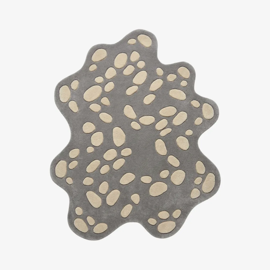 stone mosaic rug top view Stone Mosaic grey and cream organic irregular-shaped tufted area rug featuring a pebble stone pattern, displayed flat.