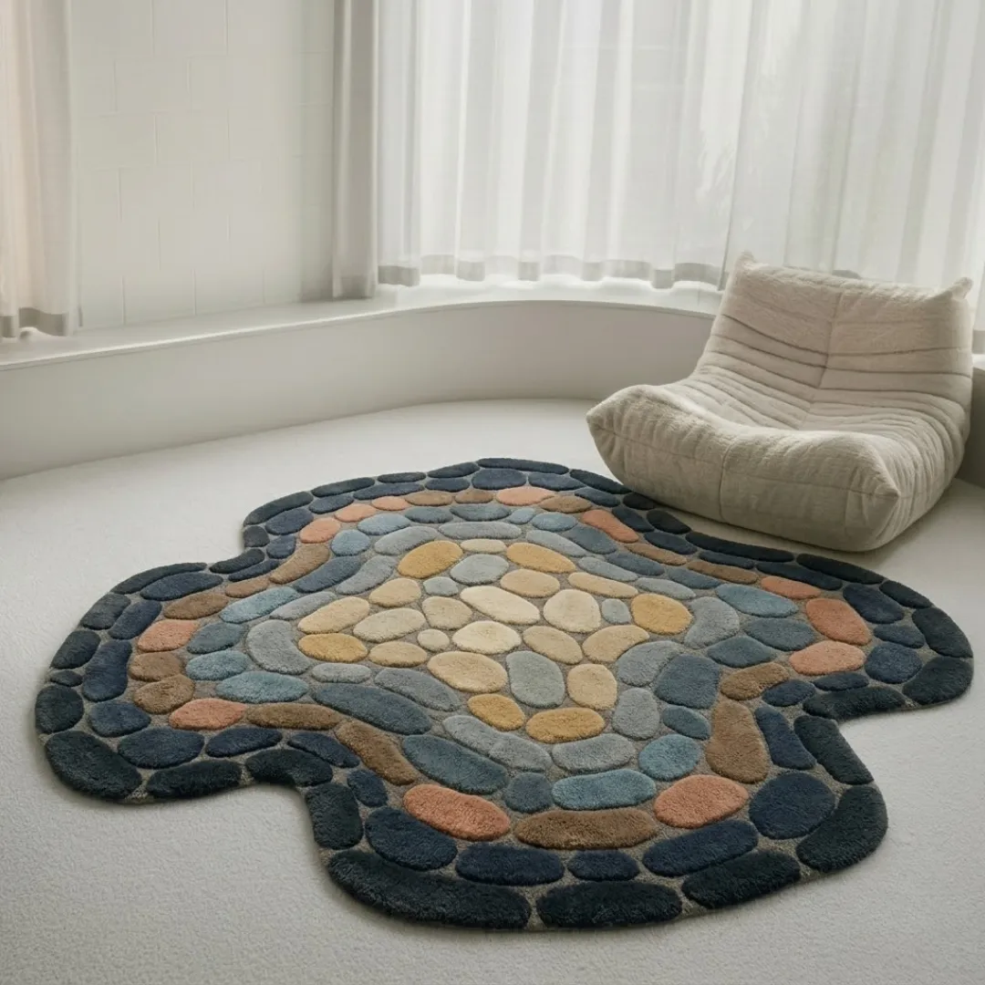 stoneveil rug room mockup Stoneveil pebble-patterned area rug styled in a modern minimalist room with a neutral lounge chair and sheer curtains.