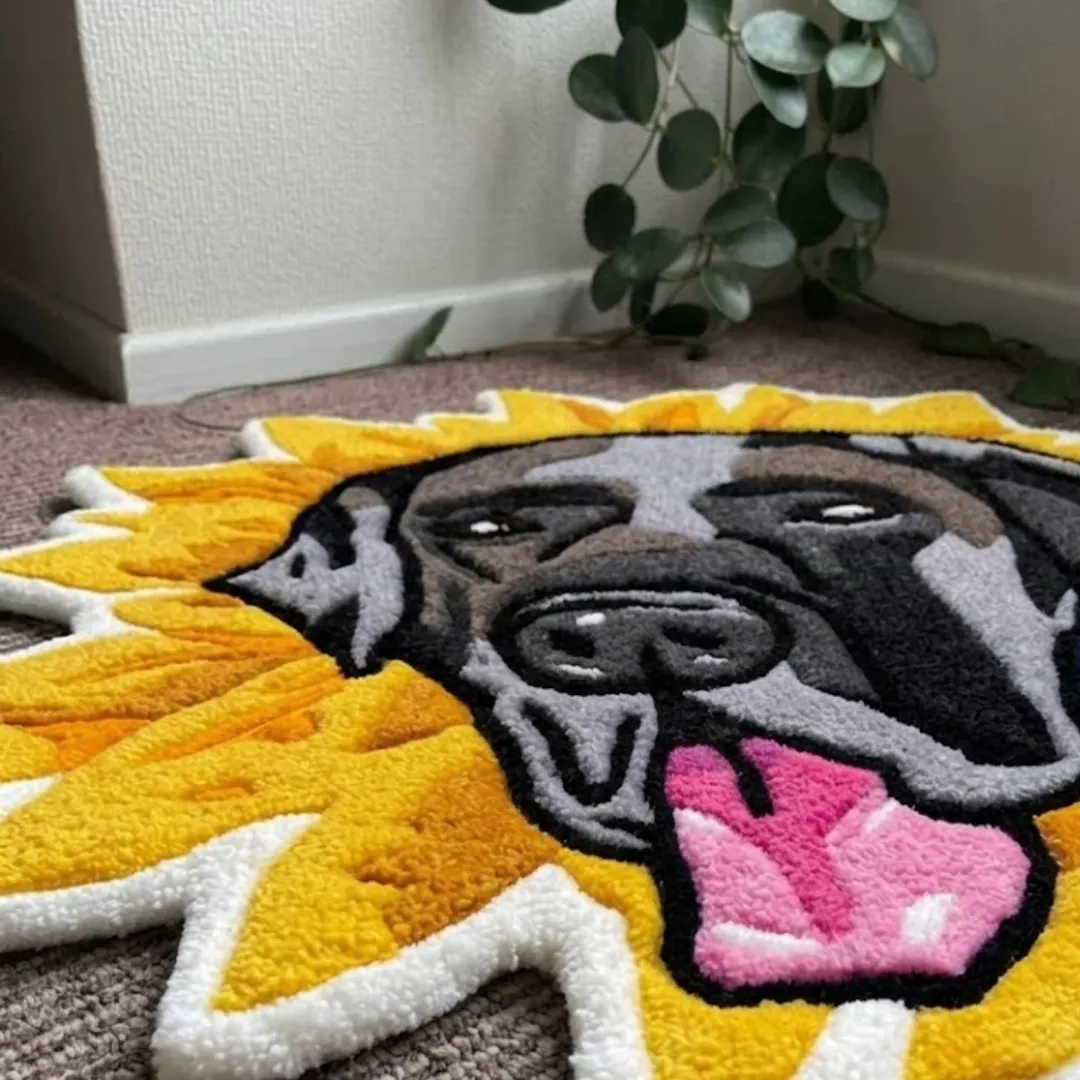 Close-up macro texture shot of the high-density tufted wool pile, vibrant sunflower petals, and clean color outlining on the Sunny Hound designer rug.