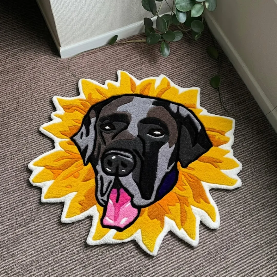 Sunny Hound handmade tufted area rug featuring a dog portrait framed by a vibrant yellow and orange sunflower design, displayed flat on a carpeted floor.