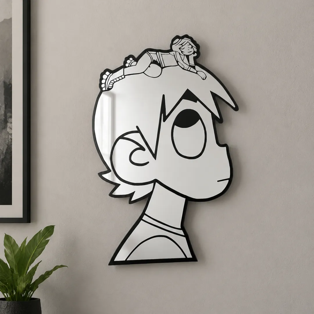 uzi mirror room mockup Uzi novelty character wall mirror styled in a modern minimalist interior space above a potted plant.