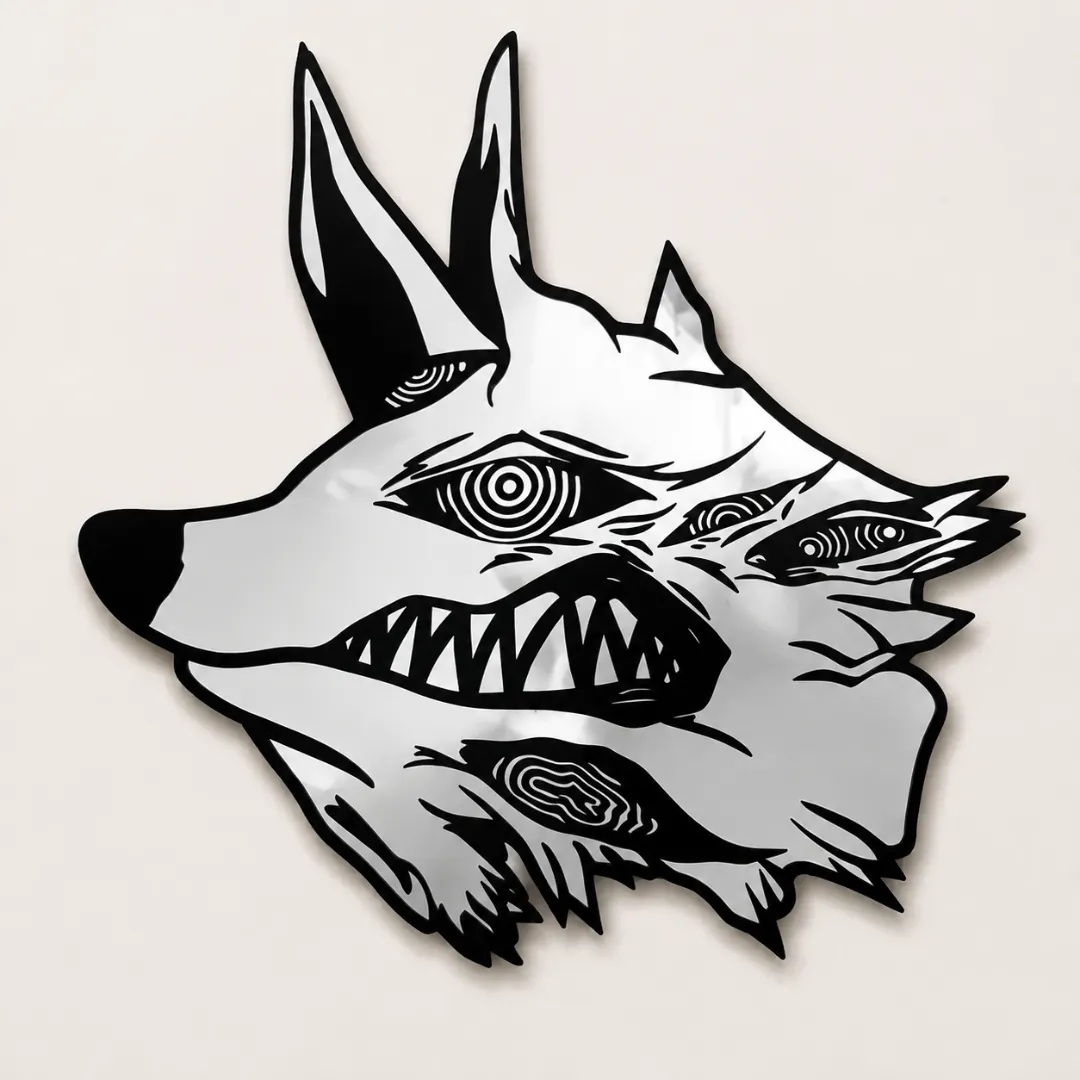 Vevron Wolf novelty surreal wolf head wall mirror with black and white graphic linework, mounted on a plain white wall.