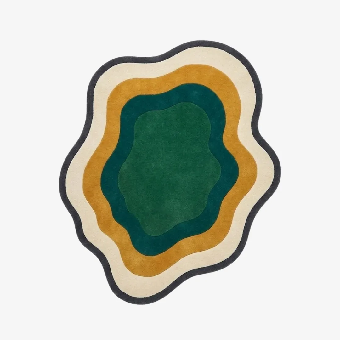 wildwood flow rug top view Wildwood Flow organic irregular-shaped tufted area rug featuring layered green, mustard, cream, and dark grey topographic wave borders, displayed flat.