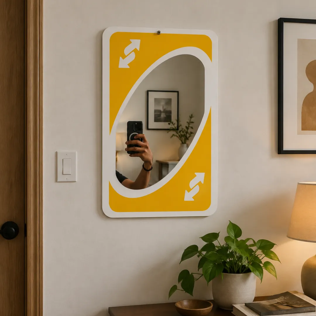 Yellow Flip Card reverse game card wall mirror mounted in a warm, well-lit interior setting featuring a lamp and framed wall art.