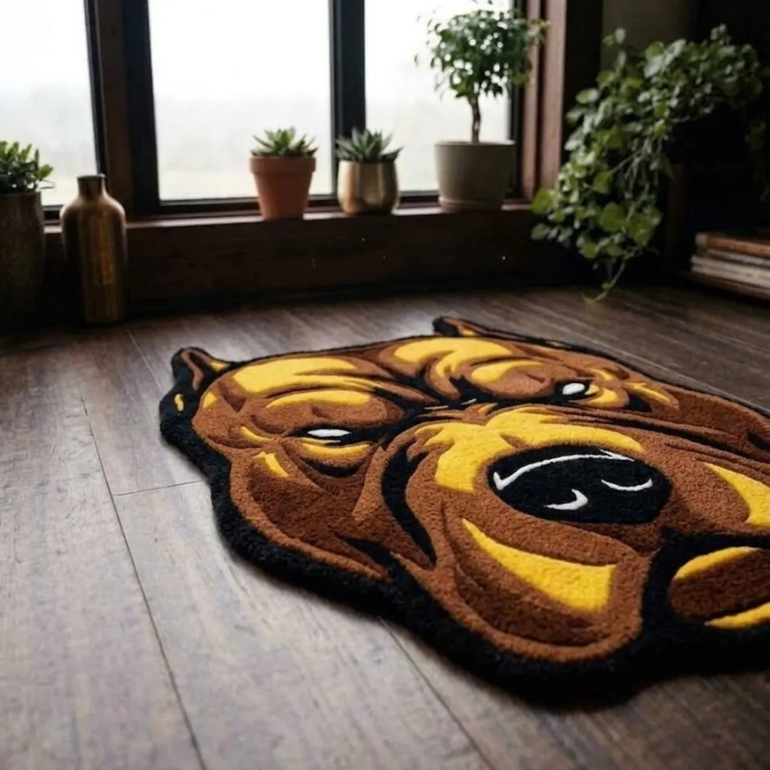 Angle view of the Biscuit Brute tufted novelty rug showcasing its custom canine silhouette and plush wool construction on a hardwood floor.