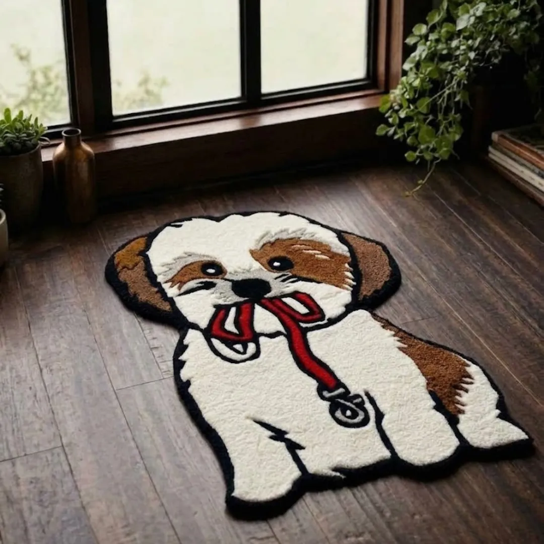 bowie biscuit pup rug angle display view Angle view of the Bowie Biscuit Pup tufted novelty rug showcasing its unique character silhouette and plush wool construction on a hardwood floor near a window.