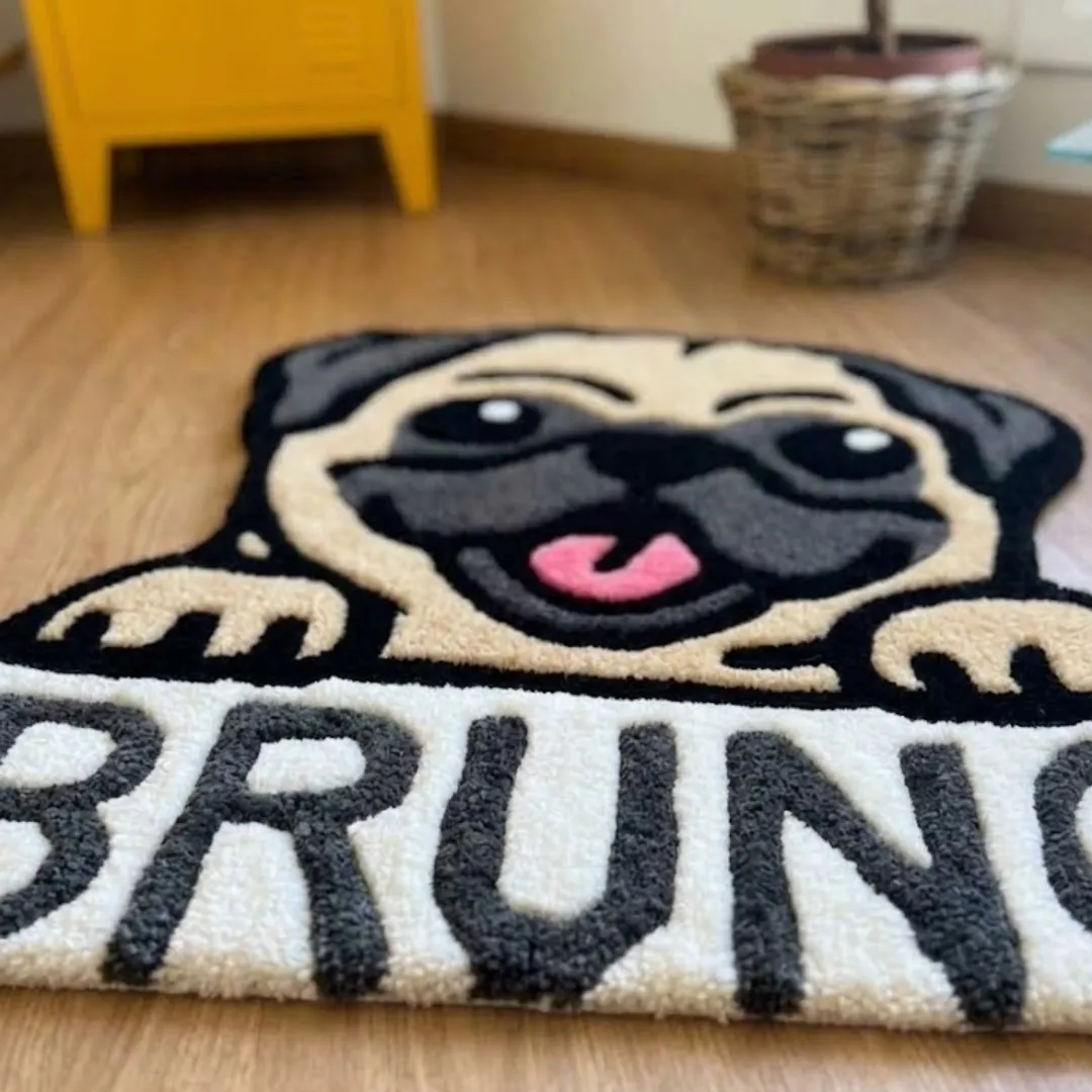 bruno pug rug close up texture view Angle view of the Bruno Pug tufted novelty rug showcasing its custom silhouette, plush wool pile, and cozy interior setup.