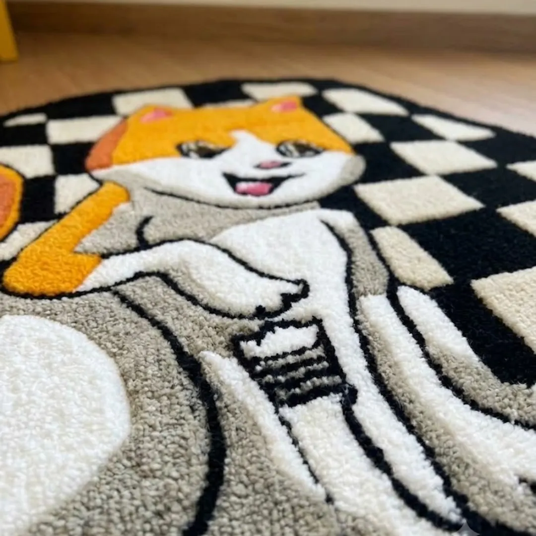 checkered paws rug close up texture view Close-up macro texture shot of the high-density tufted wool pile, carved contours, and detailed cat design on the Checkered Paws designer rug.