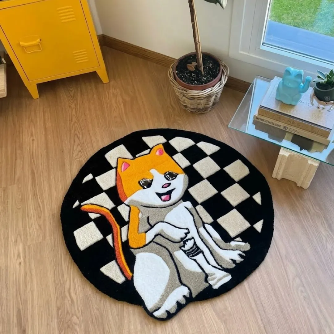 checkered paws rug overhead room view Checkered Paws handmade tufted circular area rug featuring an orange and white cat illustration set against a black-and-white checkerboard background, displayed flat on a wooden floor.