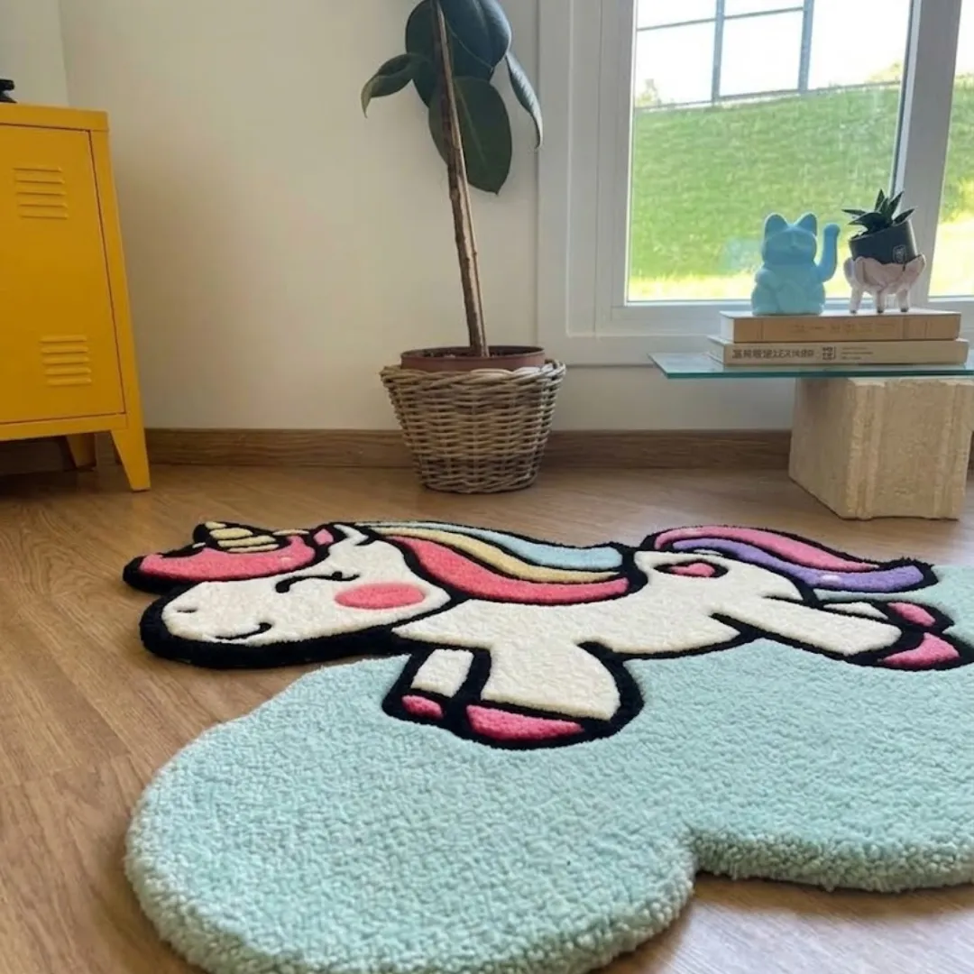 cloudy prance rug angle room mockup Angle view of the Cloudy Prance tufted novelty rug showcasing its custom unicorn silhouette, plush wool pile, and vibrant pastel color palette.