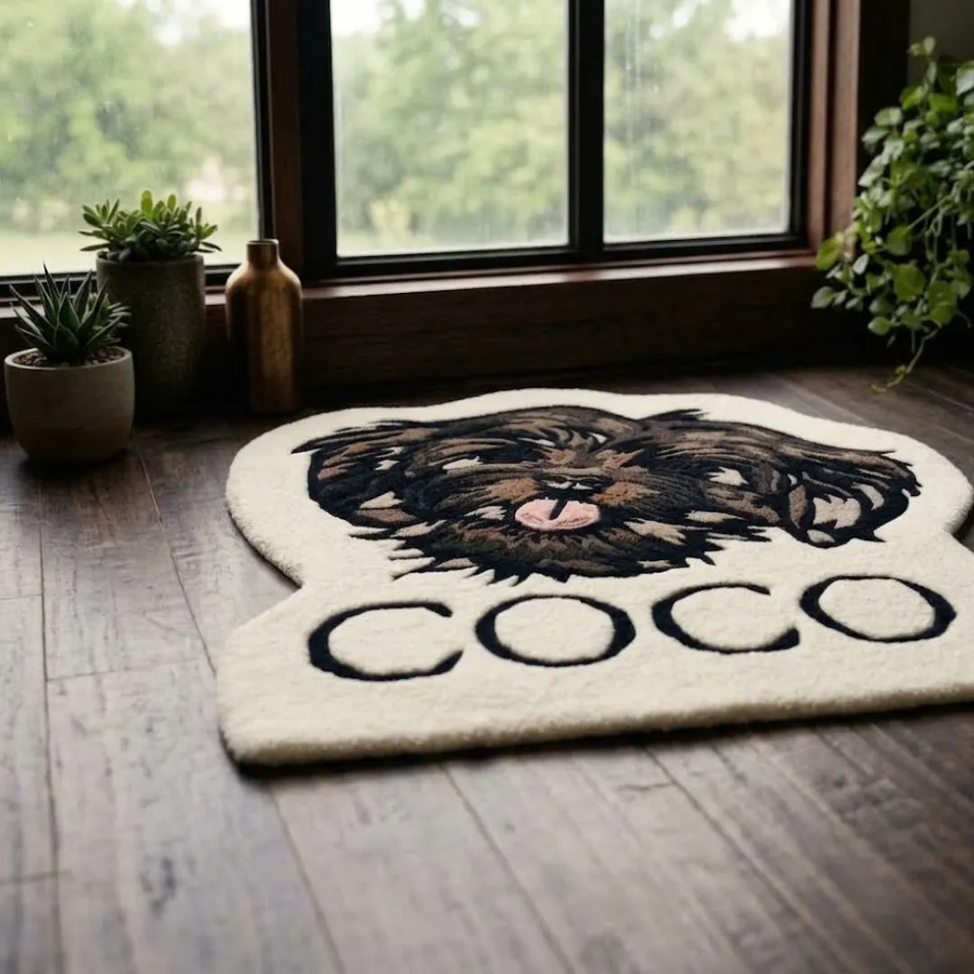 Angle view of the Cocoa Scruffs tufted novelty rug showcasing its custom silhouette, plush wool pile, and detailed portrait on a hardwood floor.