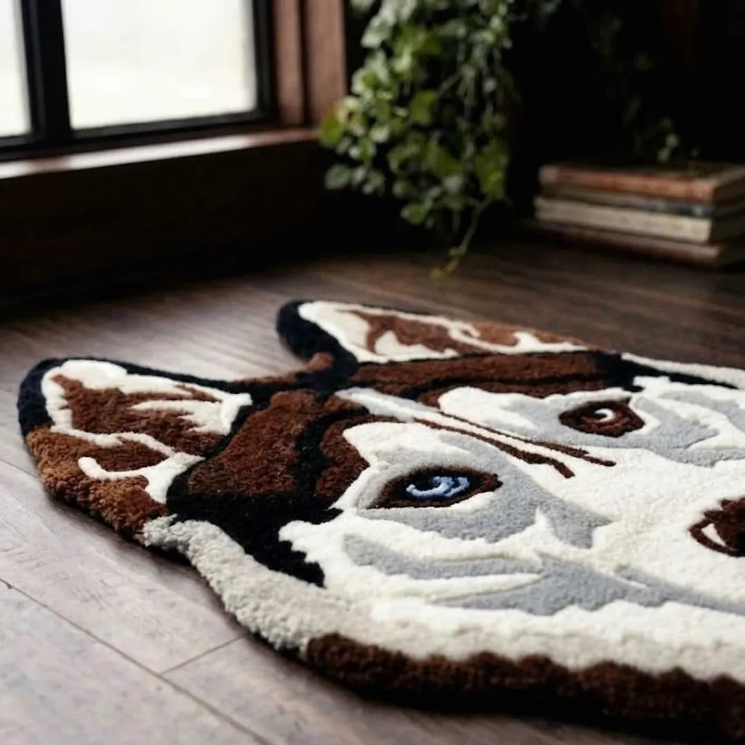 Close-up macro texture shot of the high-density tufted wool pile, carved contours, and detailed blue and brown eyes on the Husky Frost designer rug.