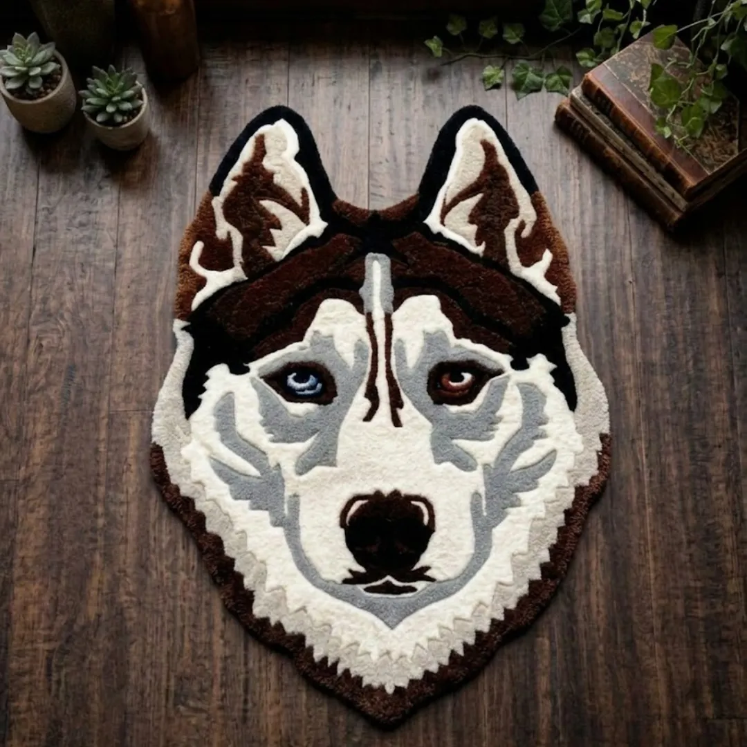 Flat-lay top view of the Husky Frost tufted novelty rug showcasing its detailed brown, white, and gray husky facial markings.