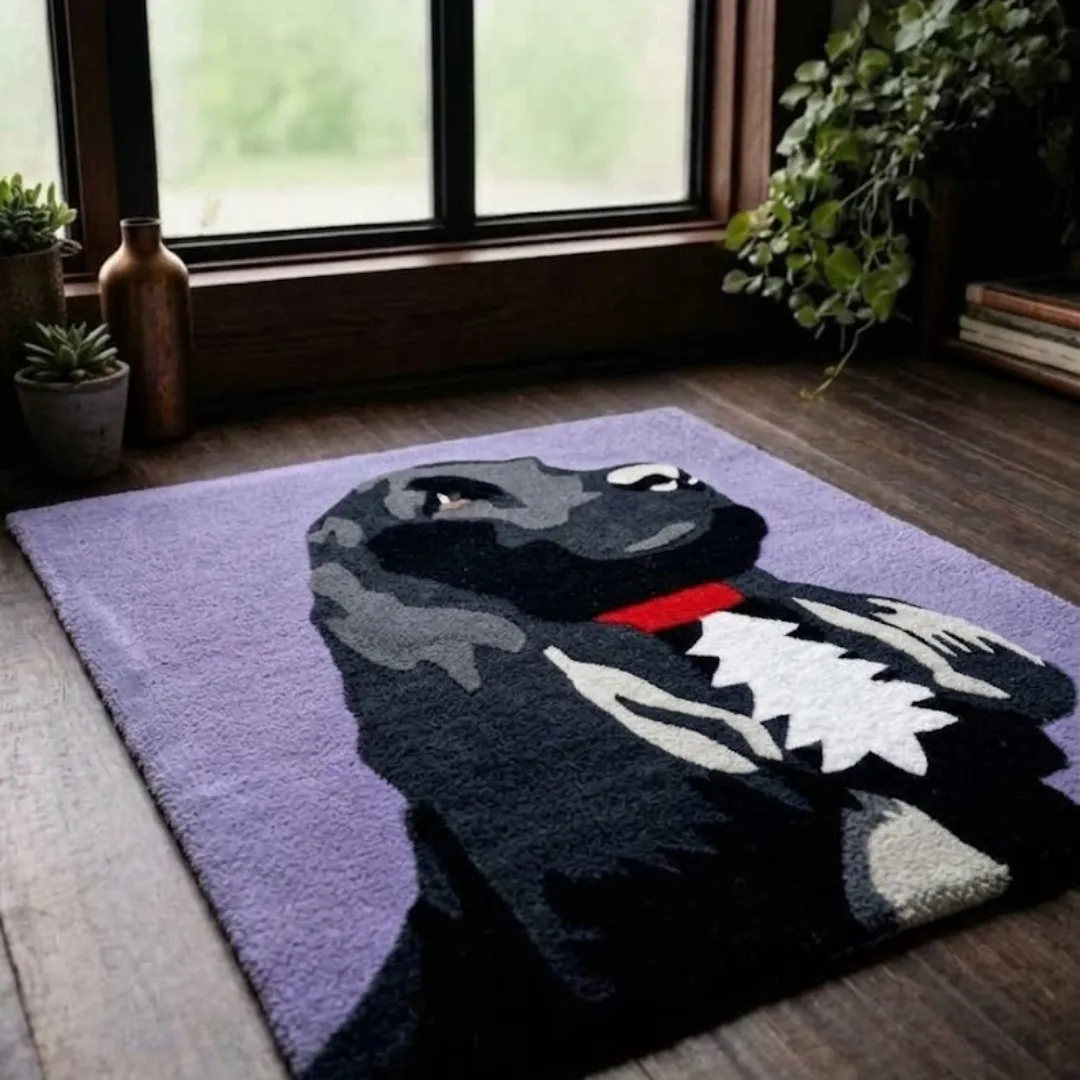 Angle view of the Lavender Scout tufted novelty rug showcasing its rectangular shape, plush wool pile, and cozy interior setting.